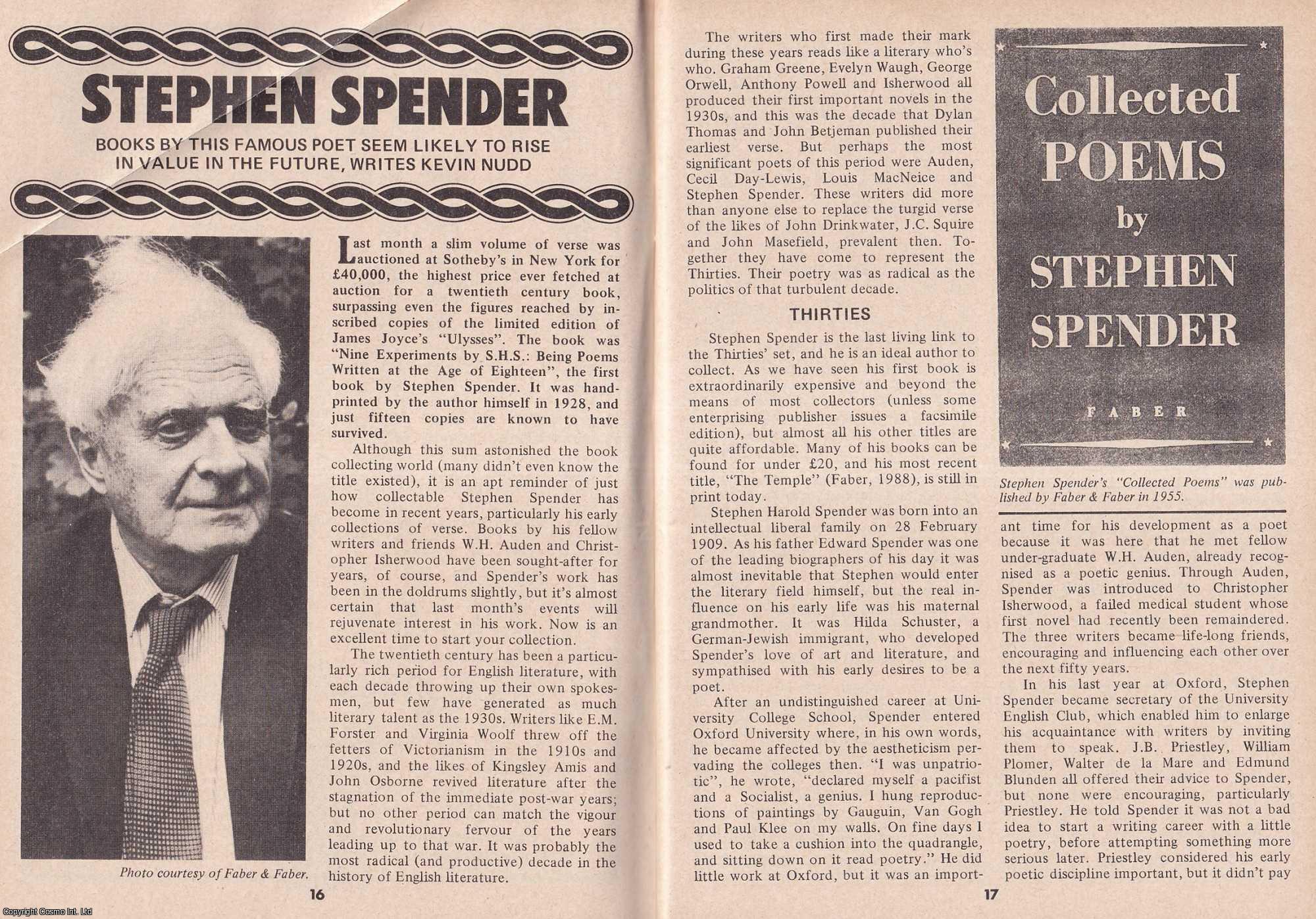 Kevin Nudd - Stephen Spender, Poet. This is an original article separated from an issue of The Book & Magazine Collector publication, 1990.