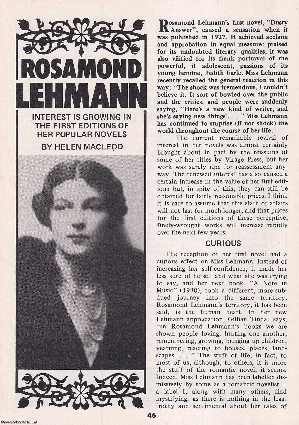 Helen Macleod - Rosamond Lehmann : Novelist. This is an original article separated from an issue of The Book & Magazine Collector publication.
