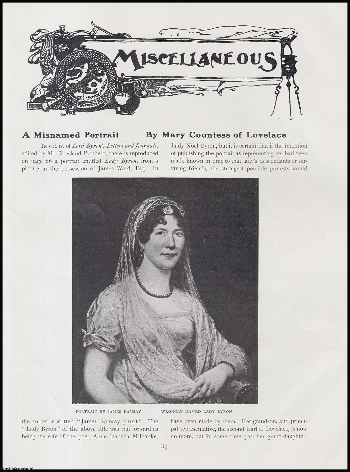 Mary Countess of Lovelace - Lady Byron : A Misnamed Portrait. An original article from The Connoisseur, 1917.
