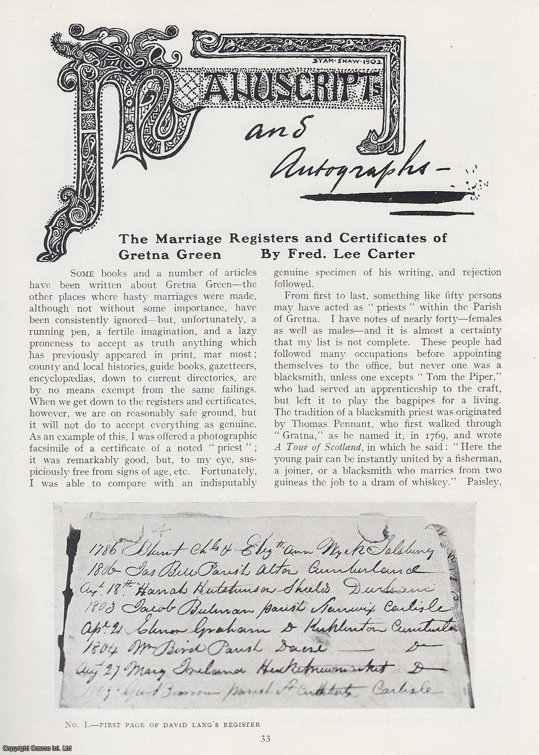 Fred. Lee Carter - The Marriage Registers and Certificates of Gretna Green. An original article from The Connoisseur, 1924.