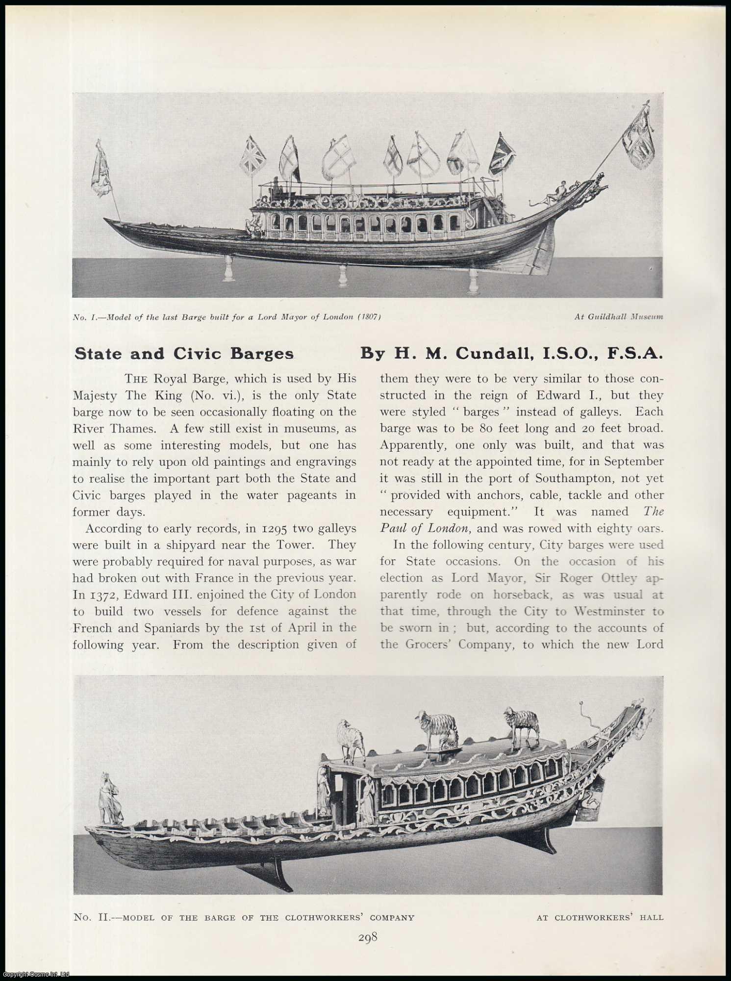 H.M. Cundall - The City Barge Built by Sir John Barnard & The Barge Designed by William Kent for Frederick, Prince of Wales : State & Civic Barges. An original article from The Connoisseur, 1929.