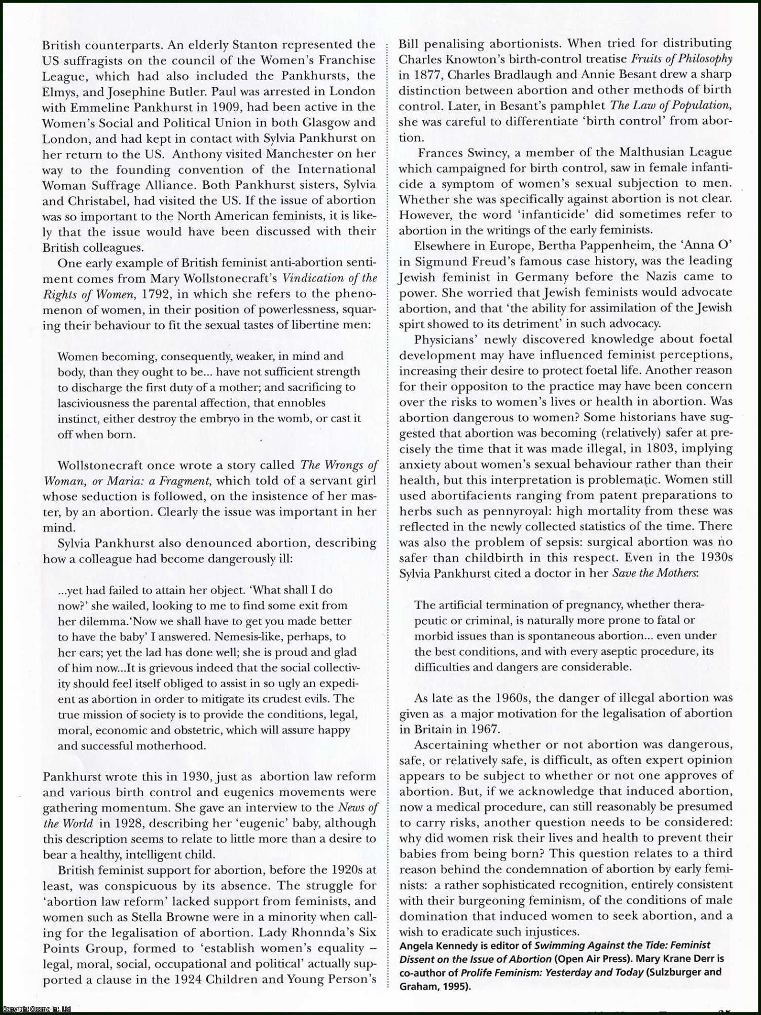 Angela Kennedy & Mary Krane Derr - Feminism & Abortion. An original article from the History Today Magazine, 1999.