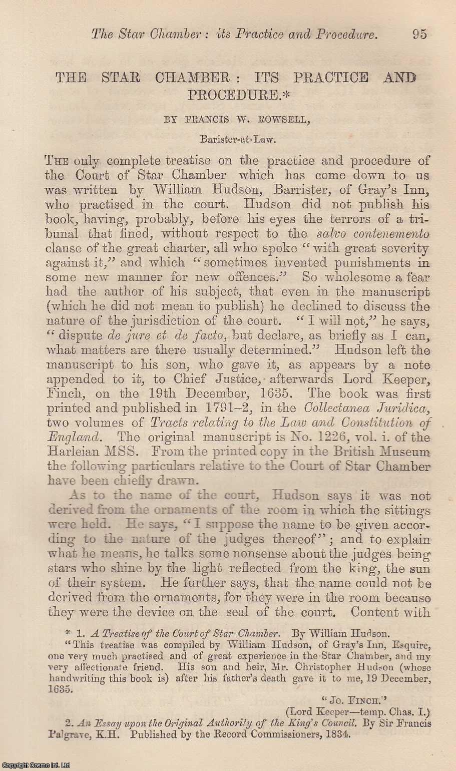 Francis W. Rowsell, Barister at Law - The Court Star Chamber : its Practice & Procedure. An original uncommon article from the Intellectual Observer, 1867.
