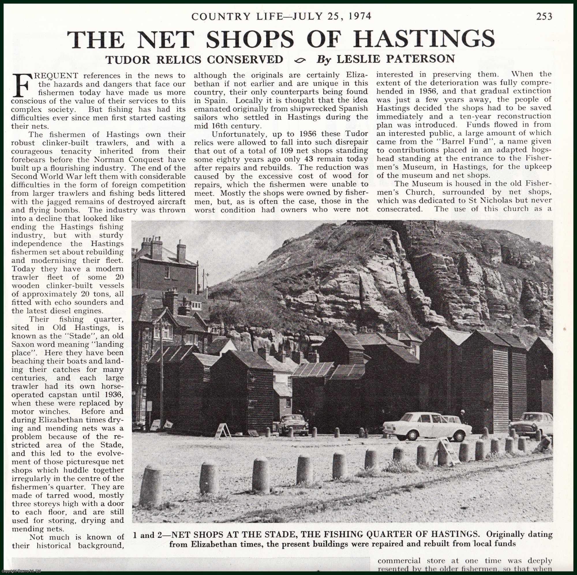 Country Life Magazine - The Net Shops of Hastings Fishermen : Tudor Relics Conserved. Several pictures and accompanying text, removed from an original issue of Country Life Magazine, 1974.