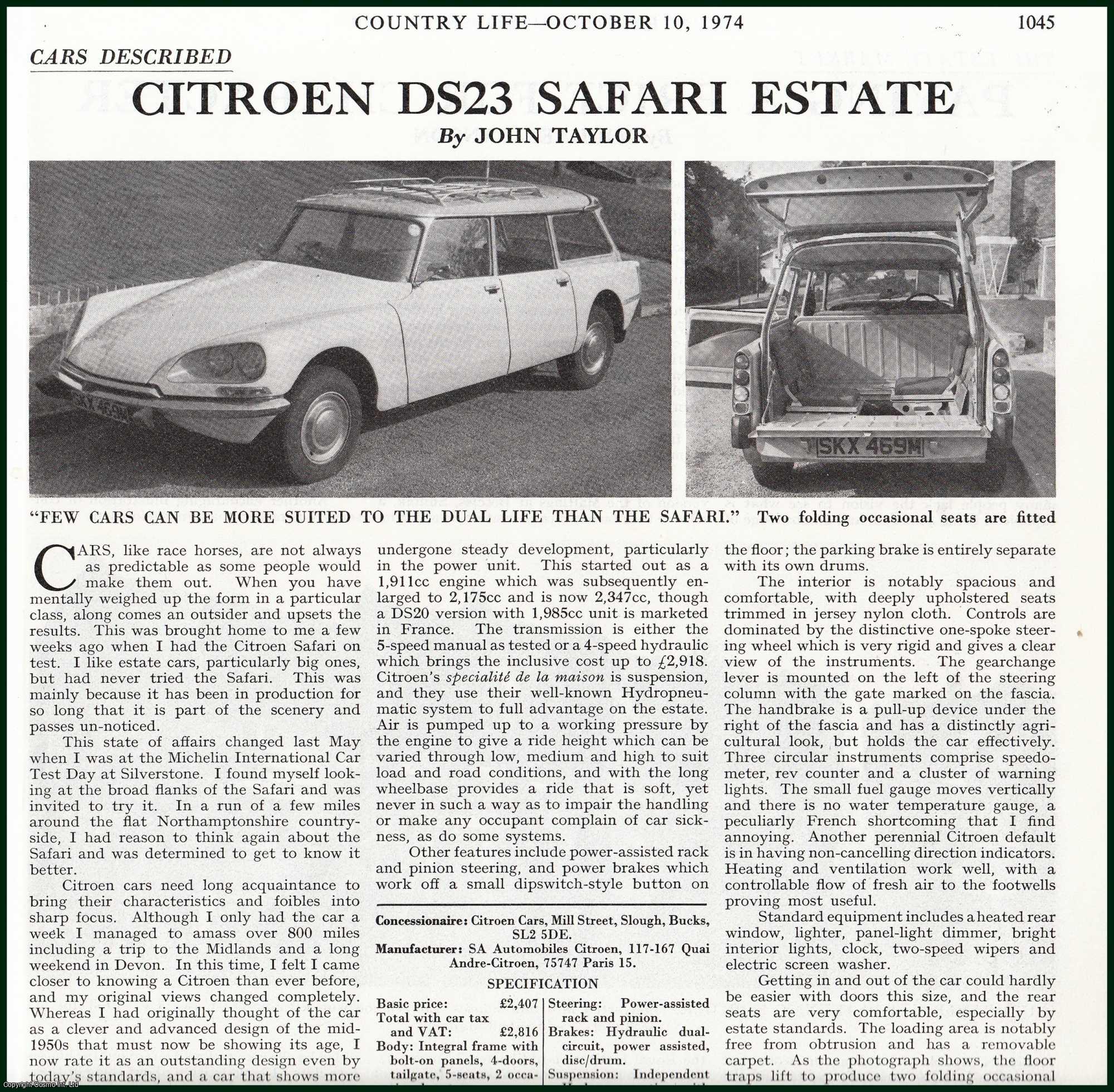 Country Life Magazine - Citroen DS23 Safari Estate Car. Two pictures and accompanying text, removed from an original issue of Country Life Magazine, 1974.