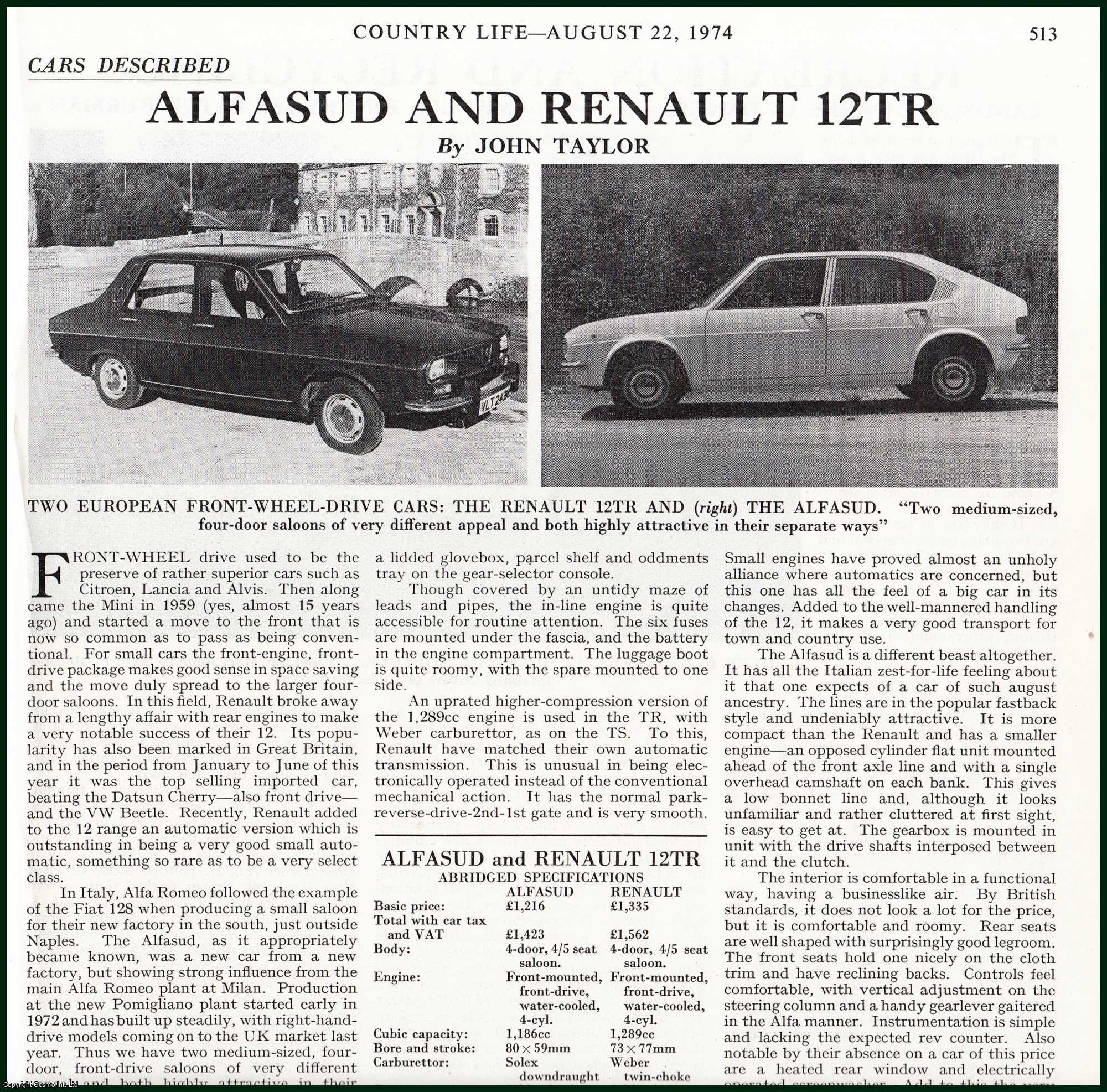 Country Life Magazine - Alfasud & Renault 12TR : Two European Front-Wheel-Drive Cars. Two pictures and accompanying text, removed from an original issue of Country Life Magazine, 1974.