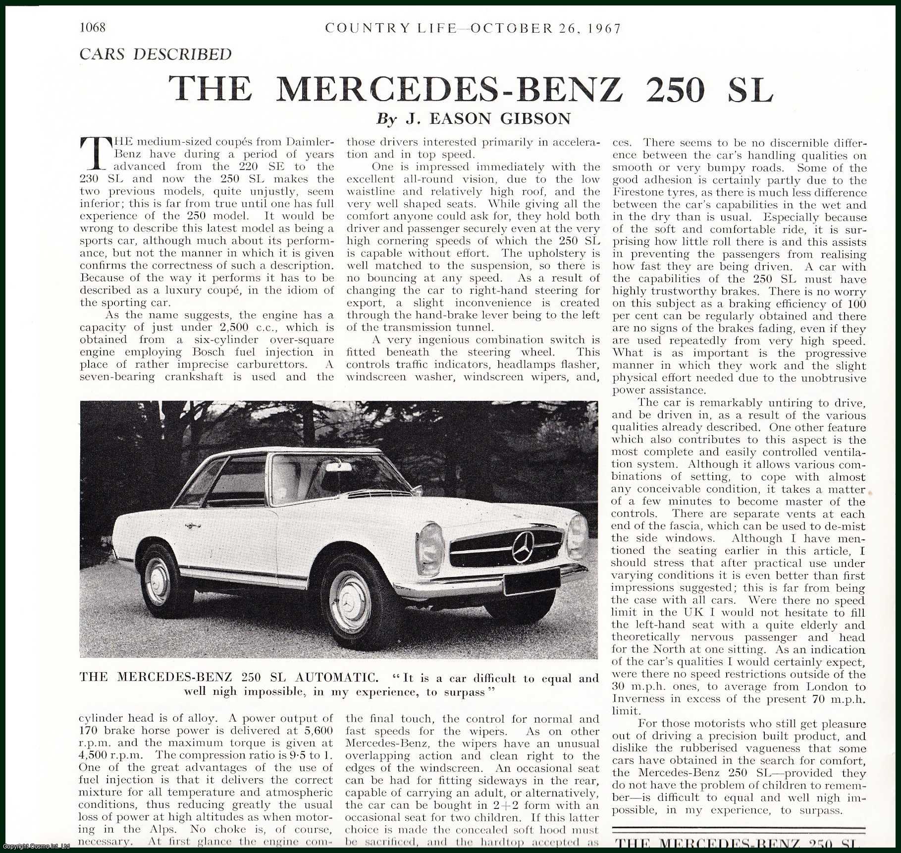 Country Life Magazine - The Mercedes-Benz 250 SL Automatic Coupe. One picture and accompanying text, removed from an original issue of Country Life Magazine, 1967.