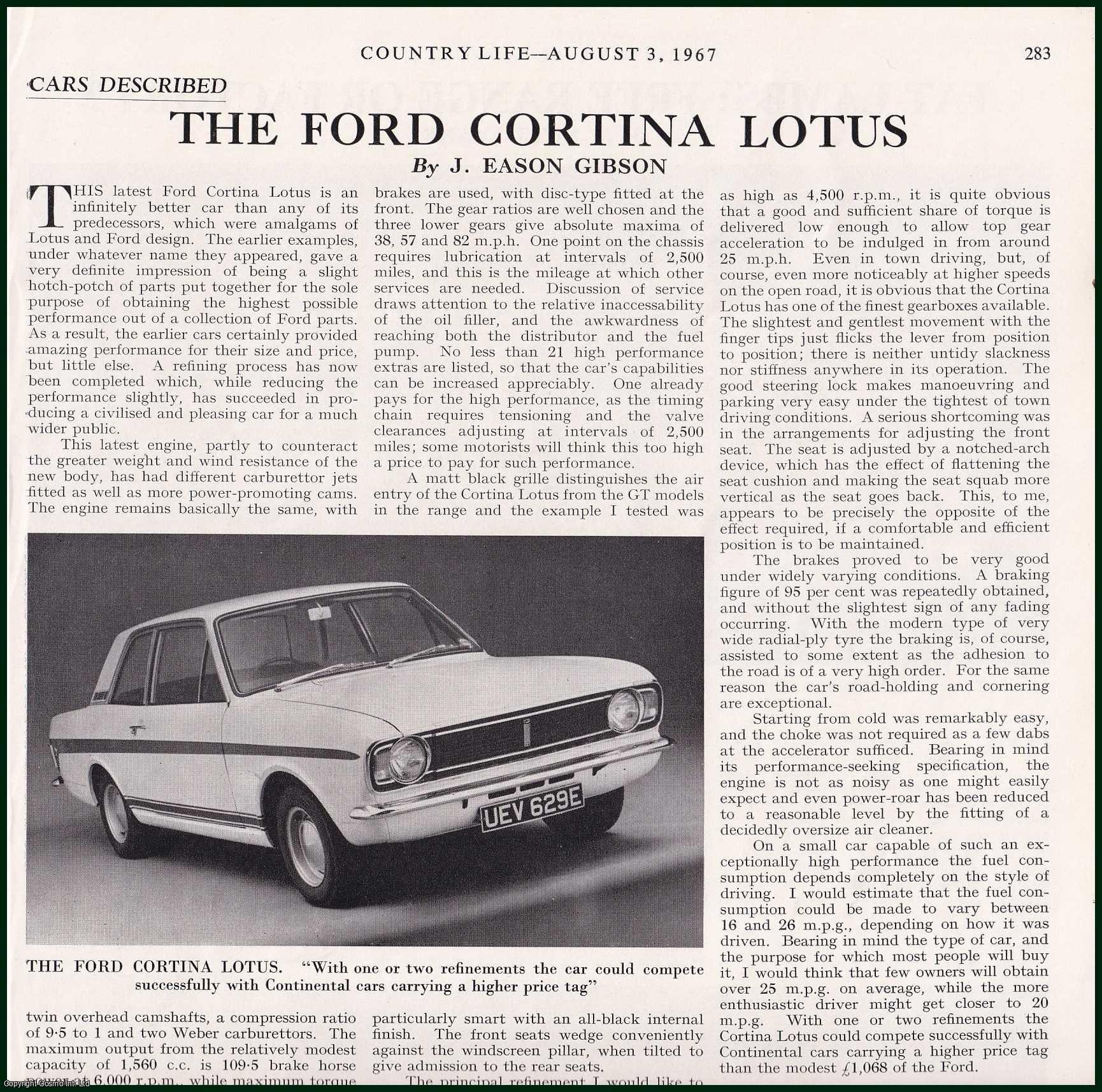 Country Life Magazine - The Ford Cortina Lotus Car. One picture and accompanying text, removed from an original issue of Country Life Magazine, 1967.