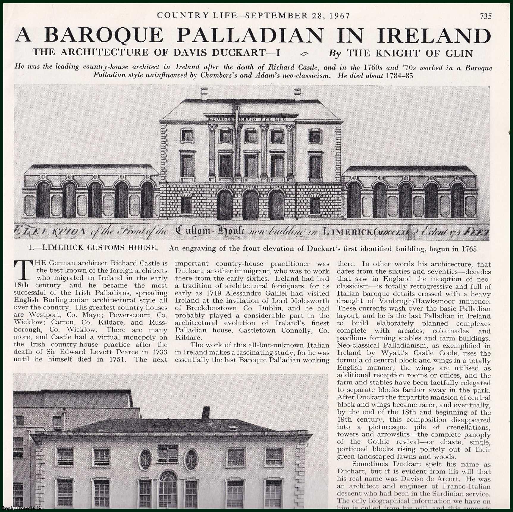 Country Life Magazine - The Architecture of Davis Duckart : A Baroque Palladian in Ireland. Several pictures and accompanying text, removed from an original issue of Country Life Magazine, 1967.