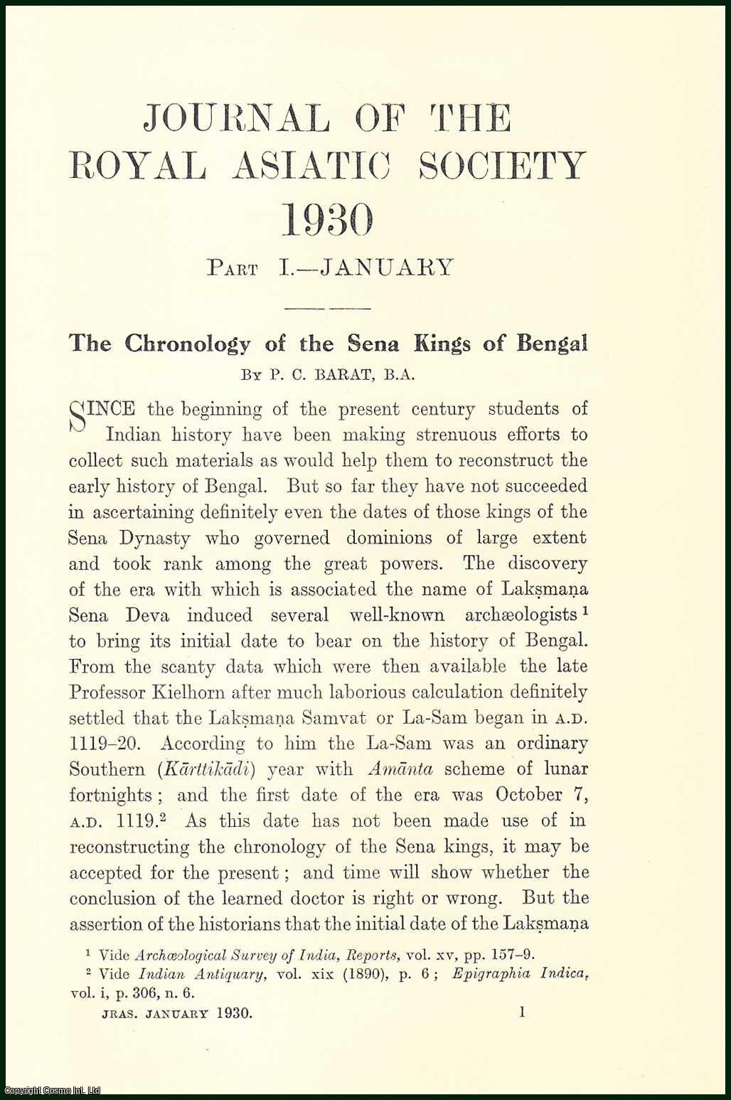 P.C. Barat - The Chronology of The Sena Kings of Bengal. An uncommon original article from the Royal Asiatic Society , 1930.
