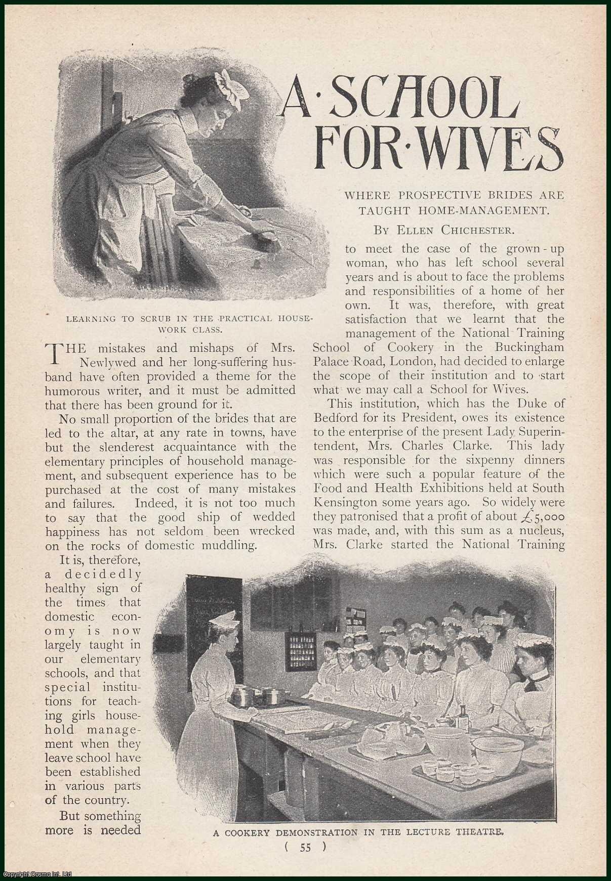 Ellen Chichester - A School for Wives where prospective brides are taught home management. The National Training School of Cookery, Buckingham Palace Road, London. An uncommon original article from the Harmsworth London Magazine, 1902.