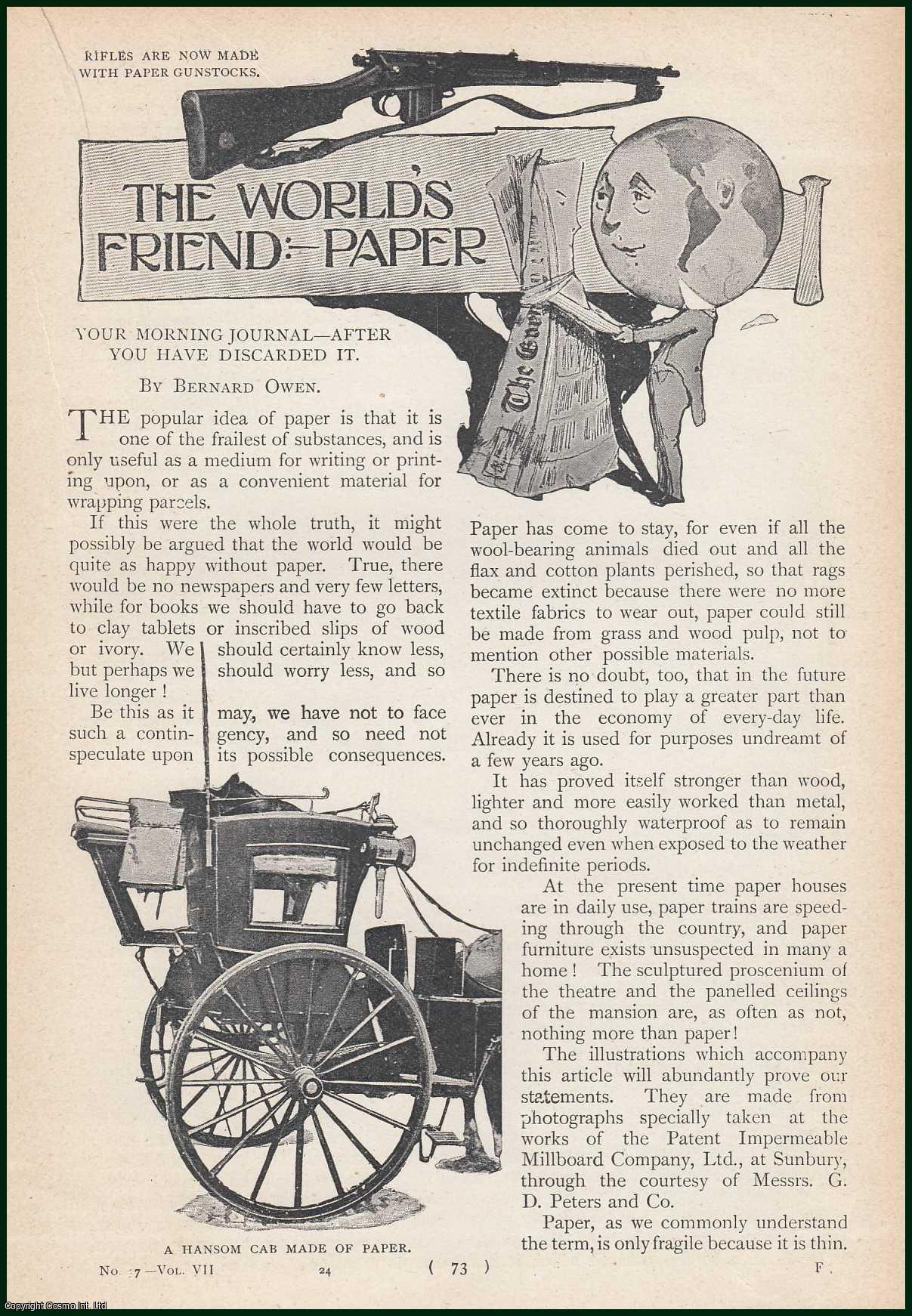 Bernard Owen - Paper Hats For The Police ; Paper Drain Pipes ; Papier Mache Bowls ; Paper Paraffin Drums & more : Paper Recycling, The World's Friend. An uncommon original article from the Harmsworth London Magazine, 1902.