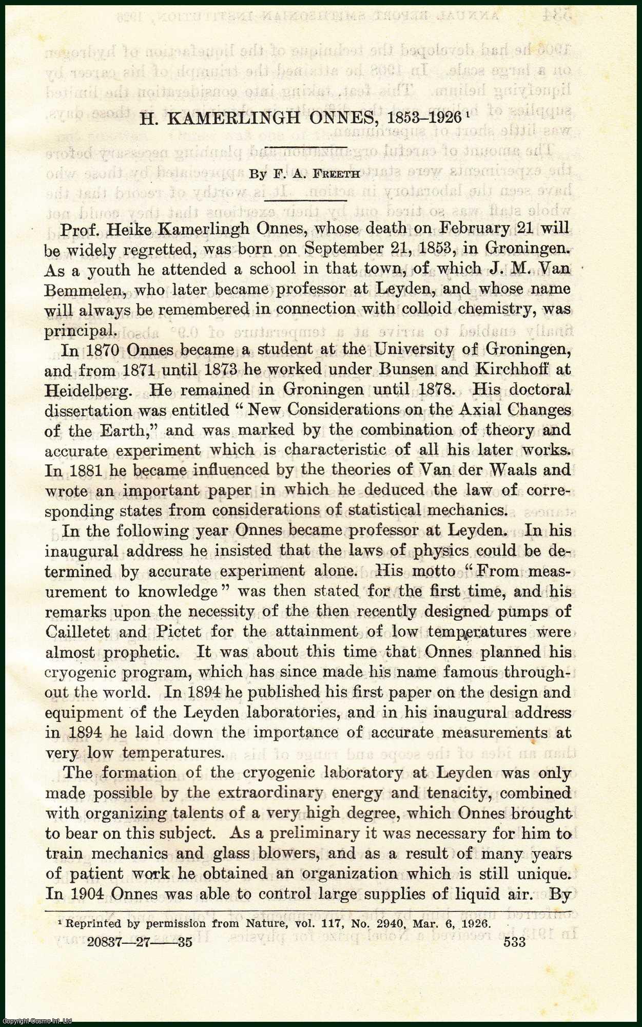 F.A. Freeth - Heike Kamerlingh Onnes, 1853-1926 : Dutch physicist. An original article from the Report of the Smithsonian Institution, 1926.