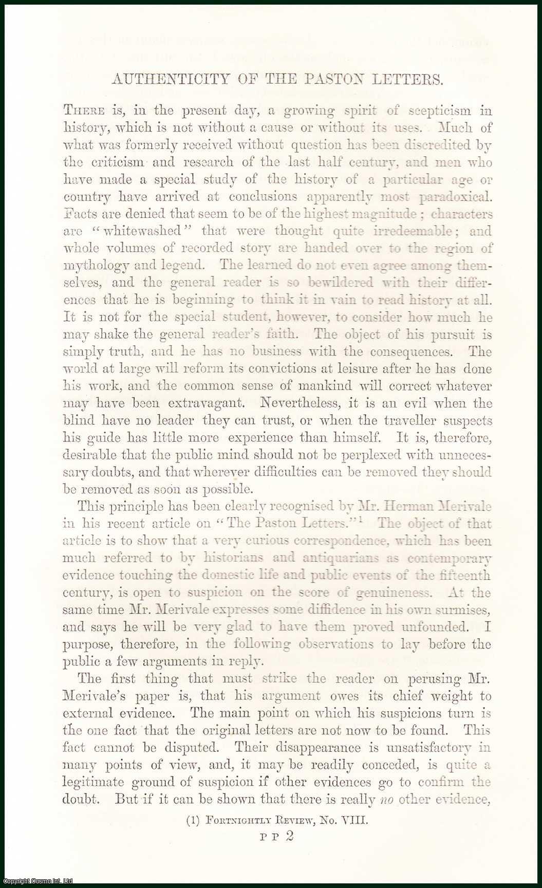 James Gairdner - Authenticity of The Paston Letters, Mr Herman Merivale. An uncommon original article from The Fortnightly Review, 1865.