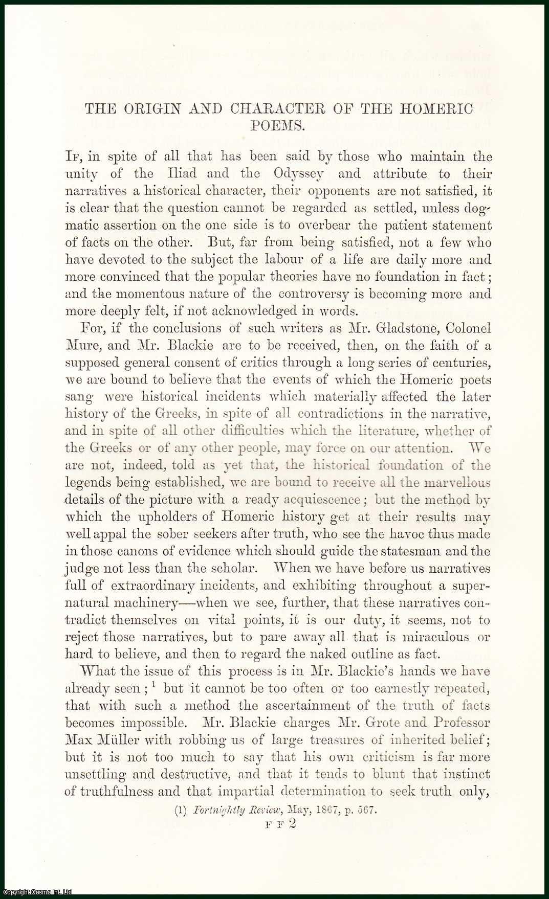 George W. Cox - The Origin & Character of The Homeric Poems : Iliad & Odyssey. An uncommon original article from The Fortnightly Review, 1868.