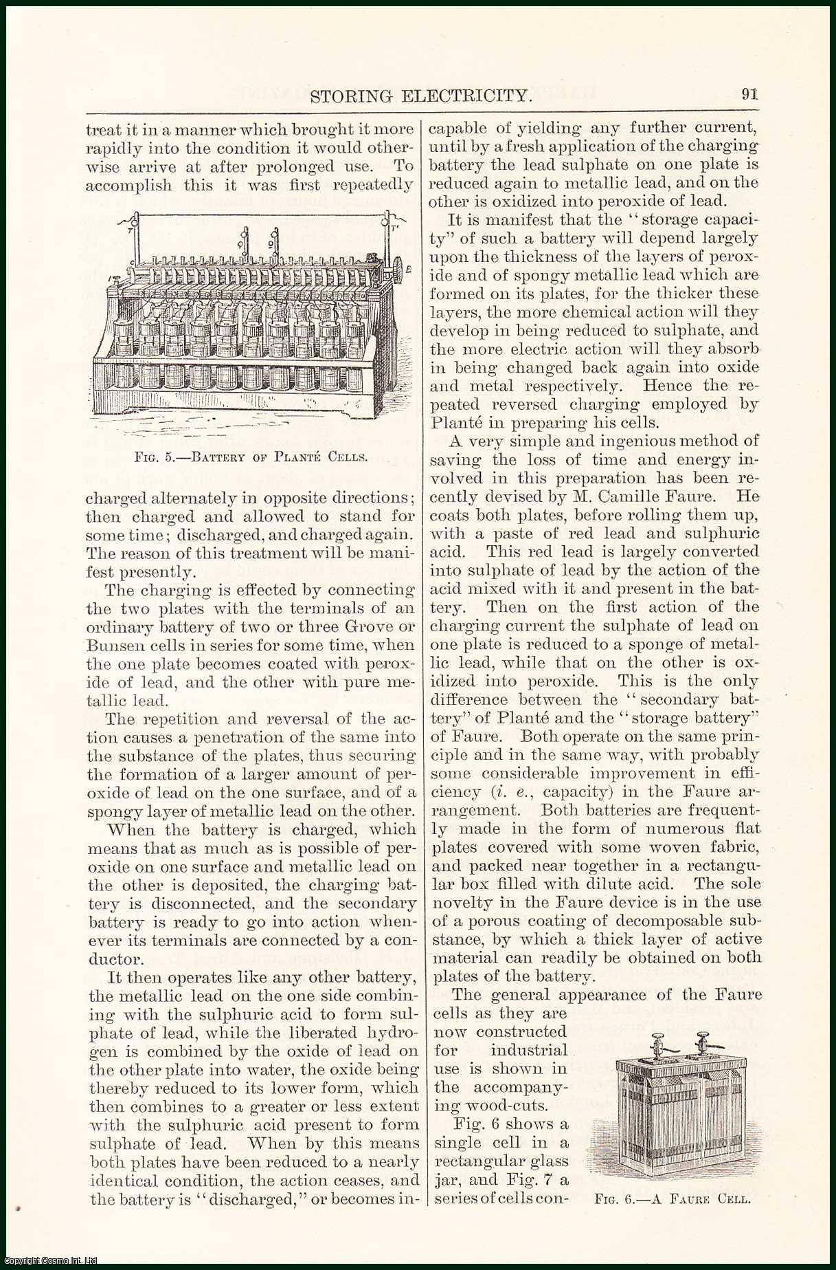 Henry Morton - A Voltameter ; Grove's Gas Battery ; Battery of Plante Cells & more : Storing Electricity. An uncommon original article from the Harper's Monthly Magazine, 1883.