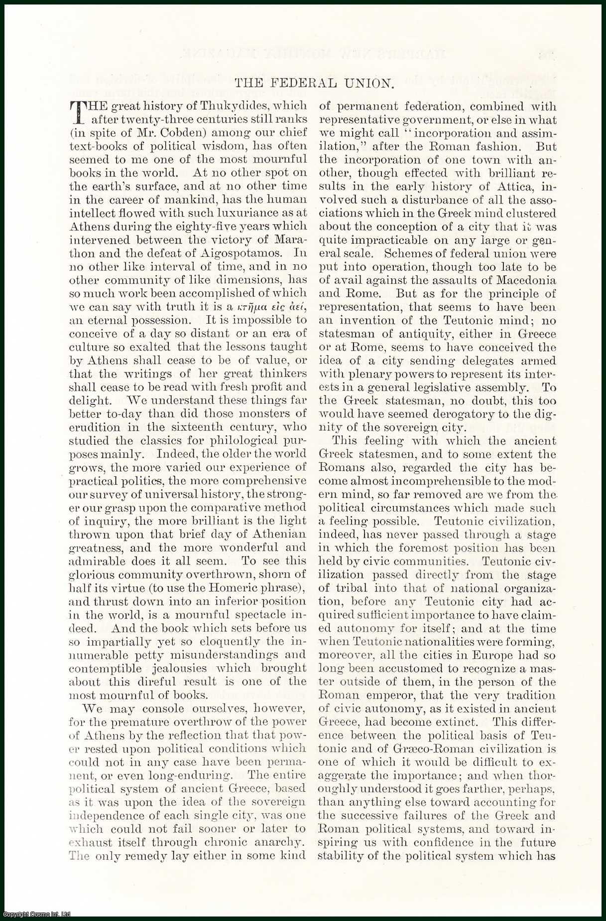 John Fiske - The Federal Union : Pro-European British group launched in November 1938, to advocate a Federal Union of Europe as a post-war aim. An uncommon original article from the Harper's Monthly Magazine, 1885.