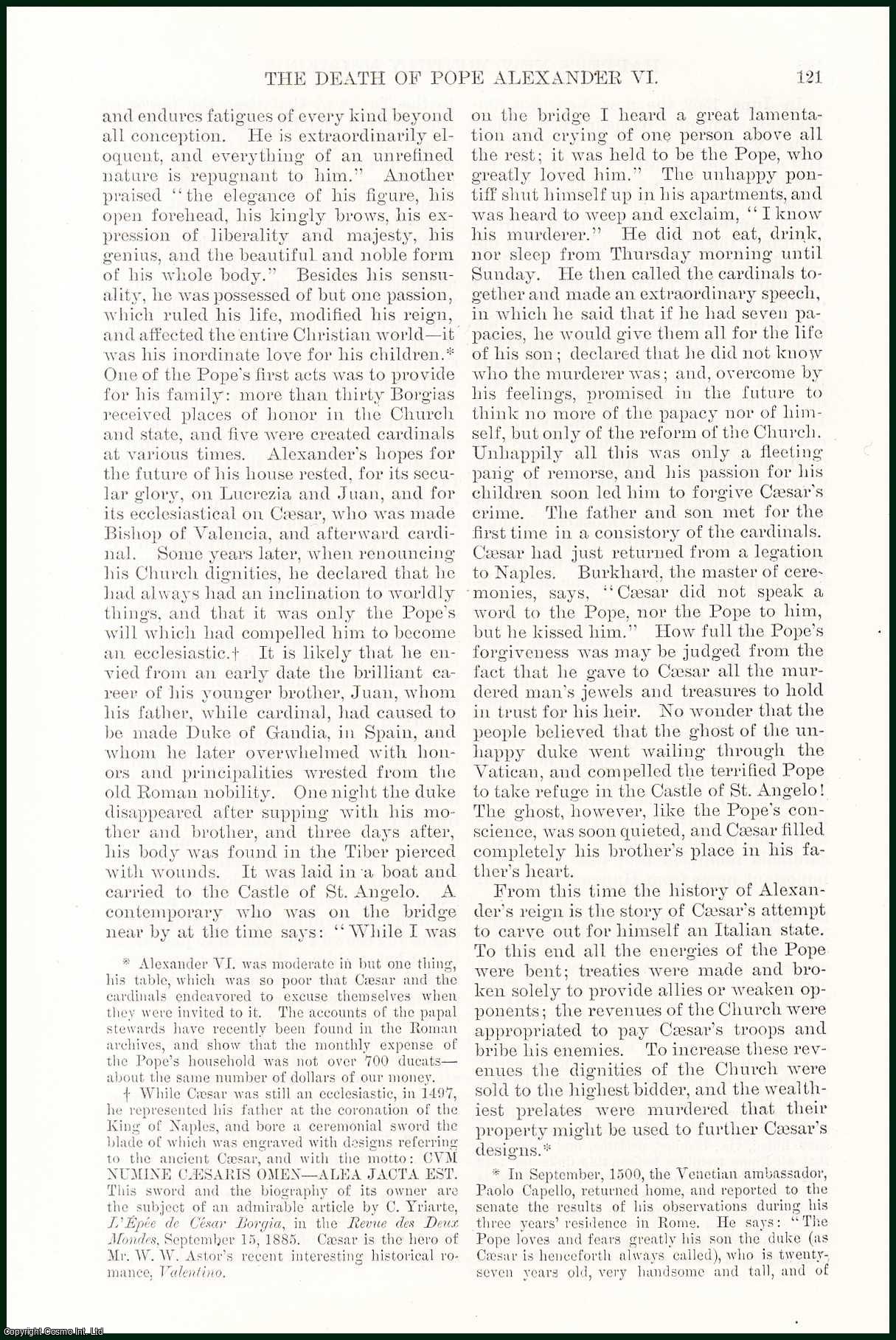 Professor T.F. Crane - The Death of Pope Alexander VI, Former head of the Catholic Church. An uncommon original article from the Harper's Monthly Magazine, 1886.