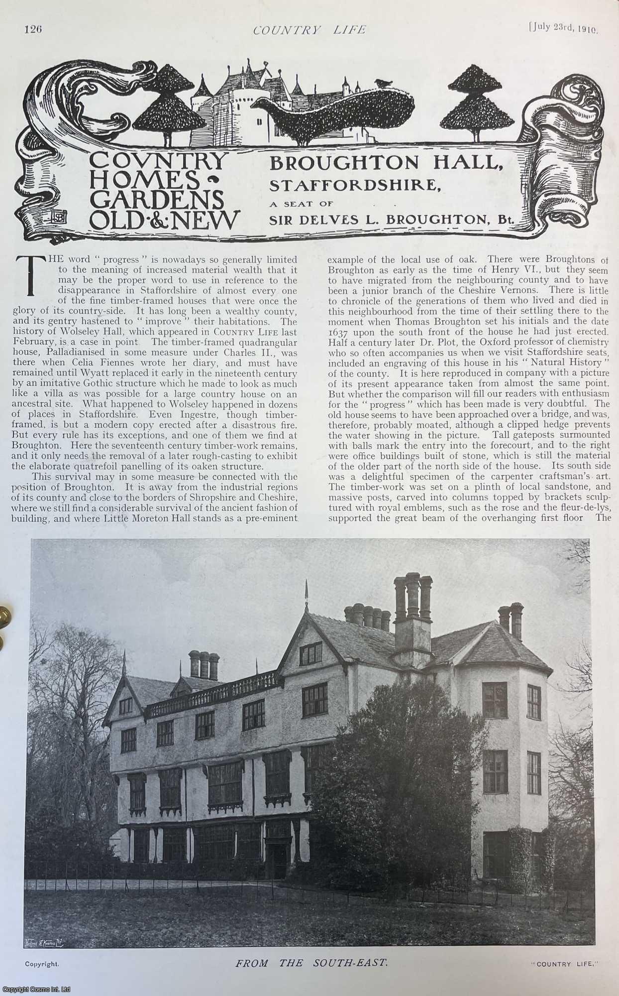 Country Life Magazine - Broughton Hall, Staffordshire. Several pictures and accompanying text, removed from an original issue of Country Life Magazine, 1910.