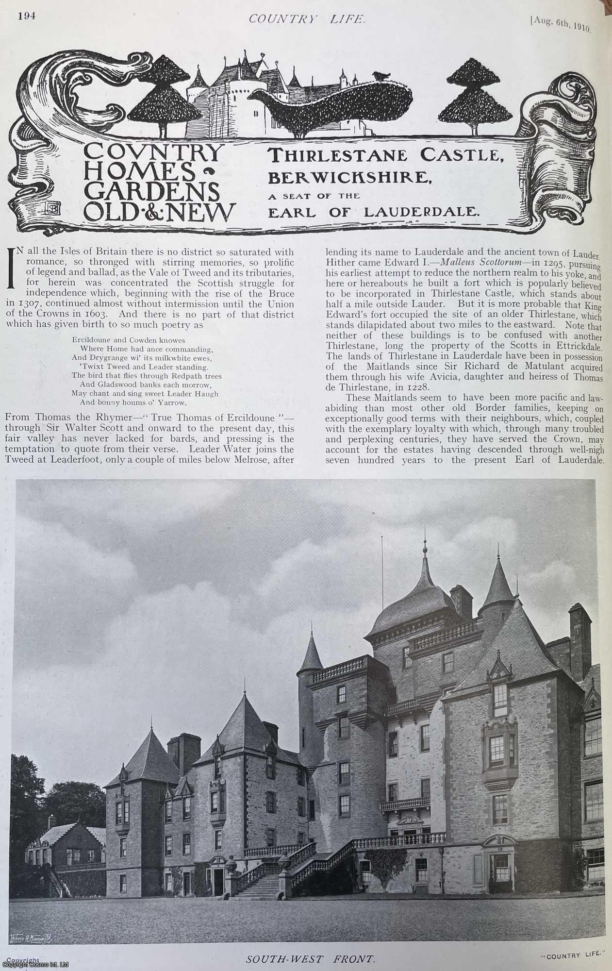 Country Life Magazine - Thirlestane Castle, Berwickshire. Several pictures and accompanying text, removed from an original issue of Country Life Magazine, 1910.