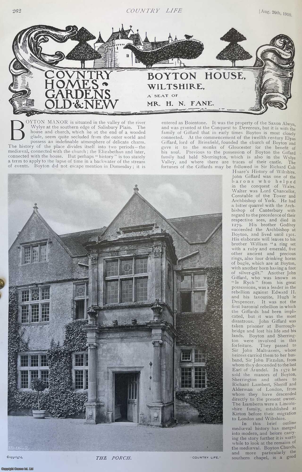 Country Life Magazine - Boyton House, Wiltshire. Several pictures and accompanying text, removed from an original issue of Country Life Magazine, 1910.