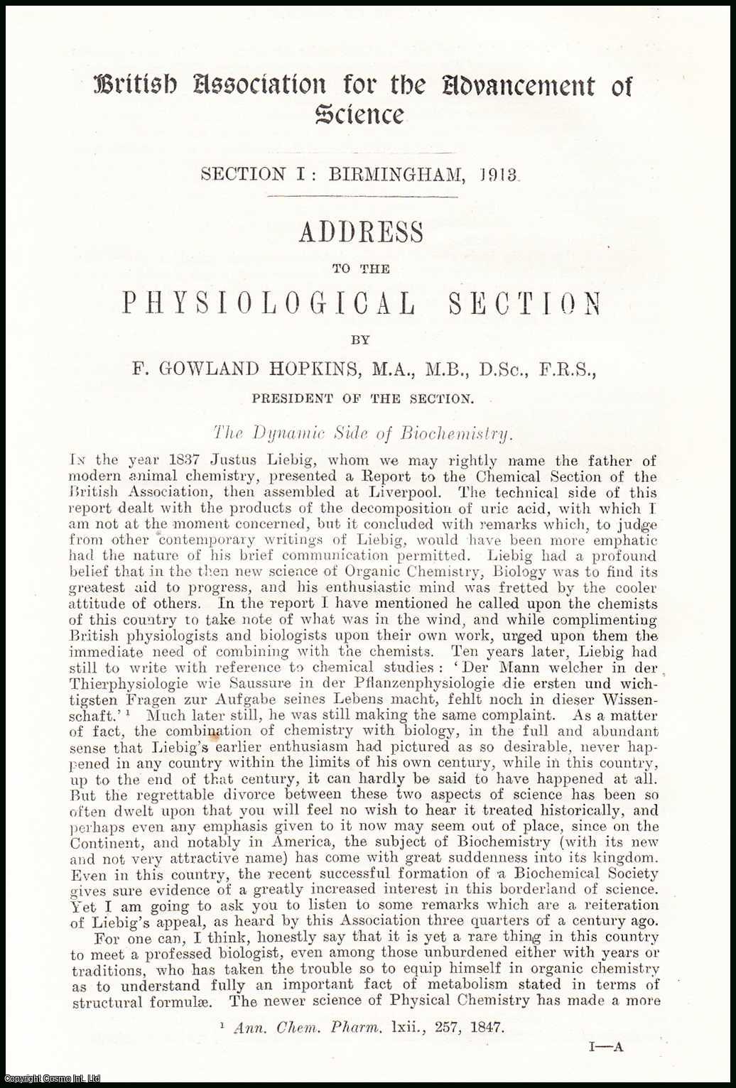 F. Gowland Hopkins, M.A., D.Sc., F.R.S. - The Dynamic Side of Biochemistry. An uncommon original article from The British Association for The Advancement of Science report, 1913.