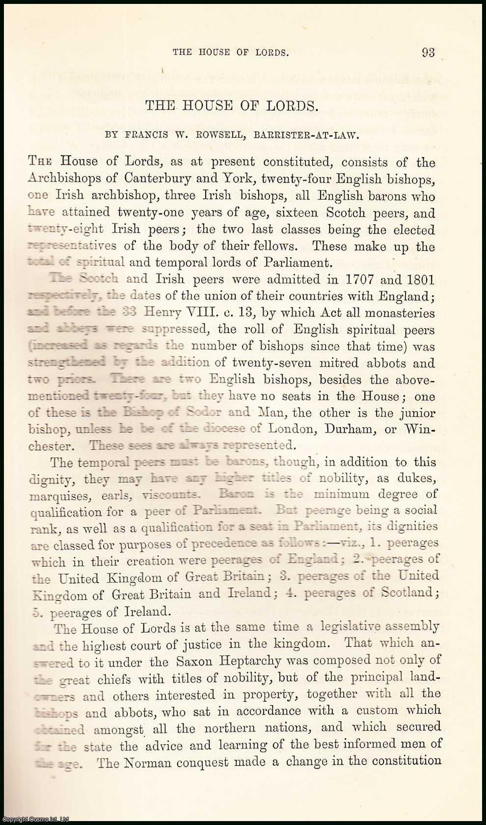 Francis W. Rowsell, Barrister-at-Law. - The House of Lords. An original uncommon article from the Intellectual Observer, 1868.