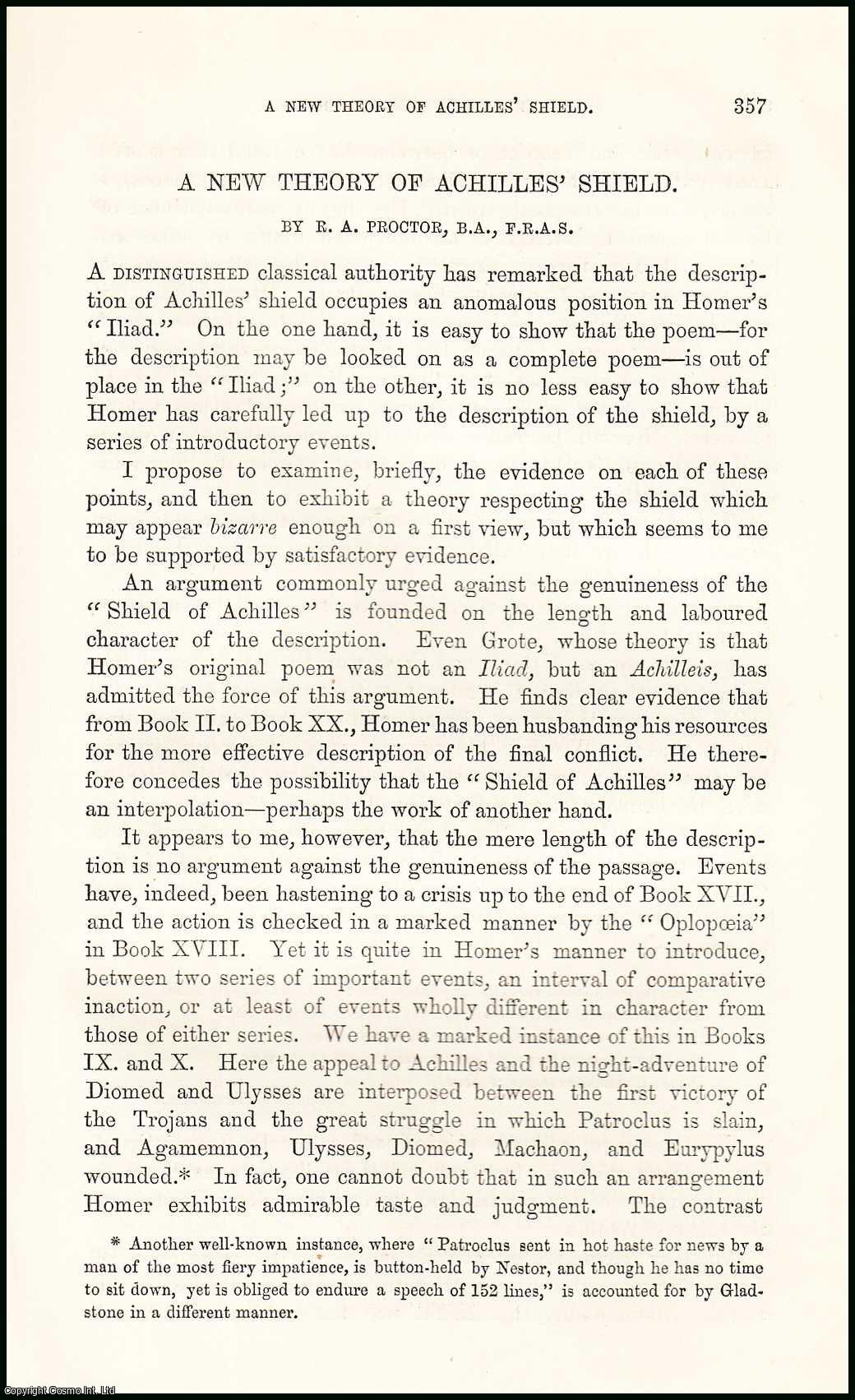 R.A. Proctor, B.A., F.R.A.S. - A New Theory of Achilles Shield. An uncommon original article from the Student and Intellectual Observer of Science Literature & Art, 1868.