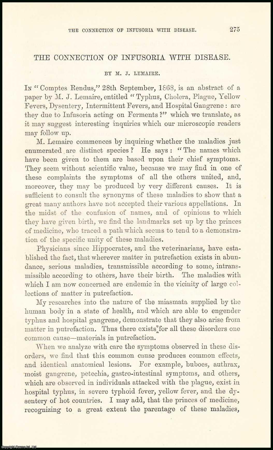 M.J. Lemaire - The Connection of Infusoria with Disease. An uncommon original article from the Student and Intellectual Observer of Science Literature & Art, 1869.