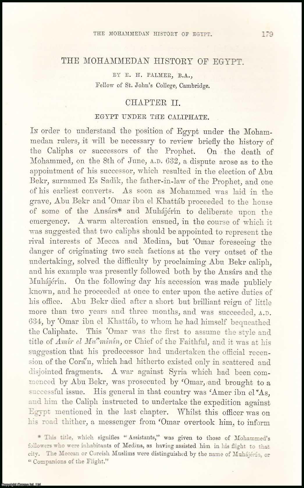 E.H. Palmer, B.A., Fellow of St. John's College, Cambridge. - Egypt under the Caliphate : The Mohammedan History of Egypt. An original uncommon article from the Intellectual Observer, 1870.