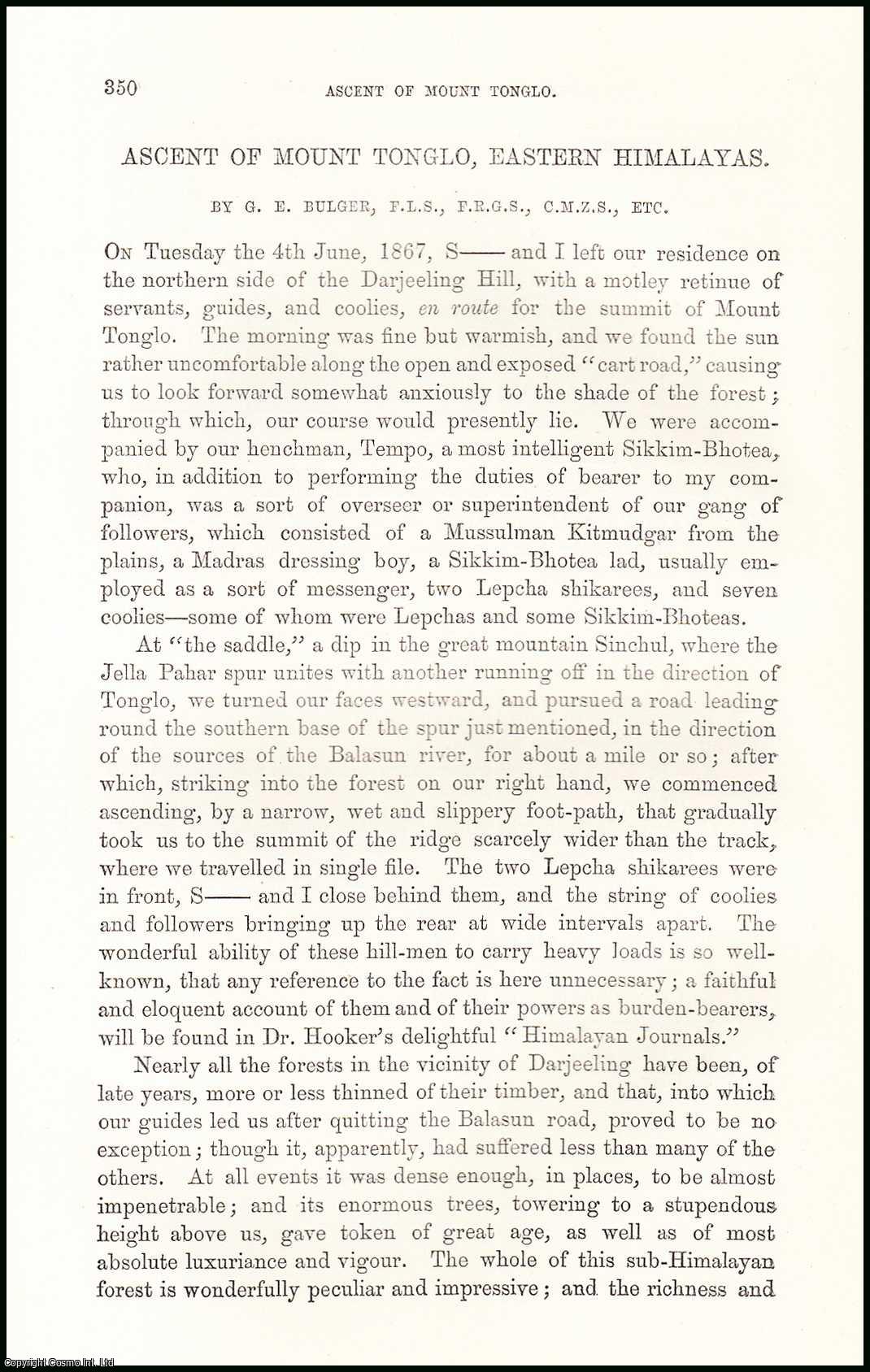 G.E. Bulger, F.L.S., F.R.G.S., C.M.Z.S. - Ascent of Mount Tonglo, Eastern Himalayas. An original uncommon article from the Intellectual Observer, 1870.