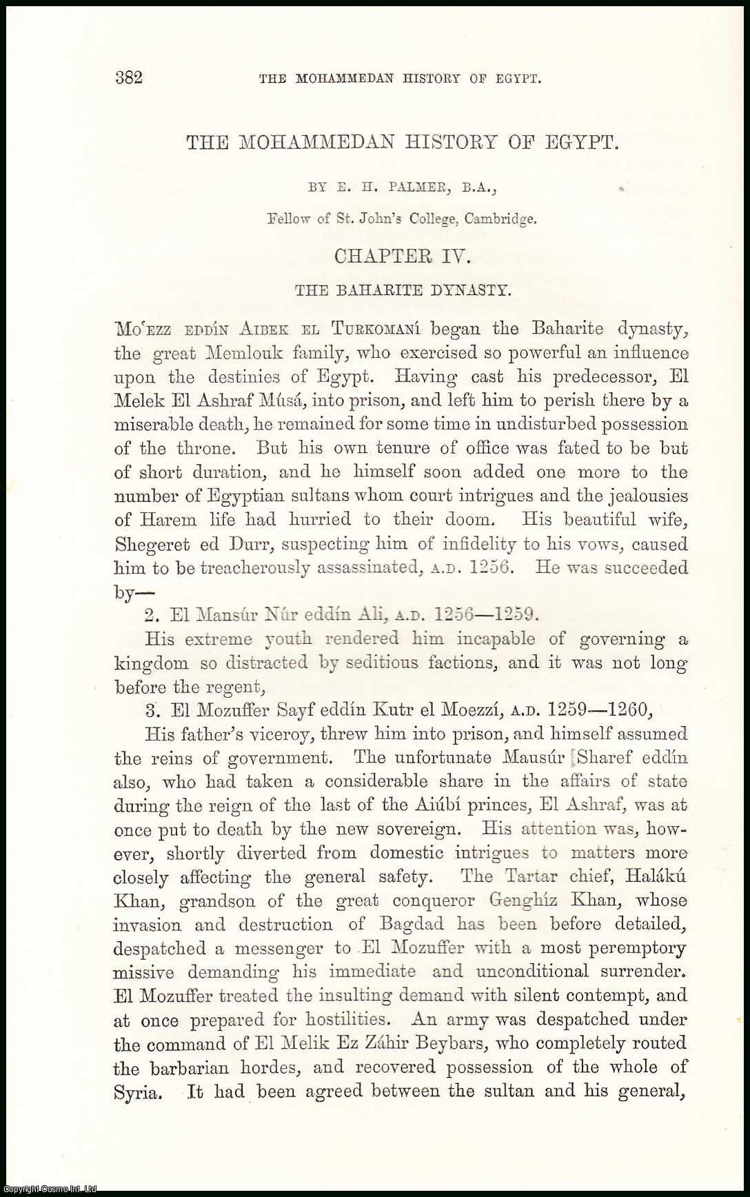 E.H. Palmer, B.A., Fellow of St. John's College, Cambridge. - The Baharite Dynasty : The Mohammedan History of Egypt. An original uncommon article from the Intellectual Observer, 1870.