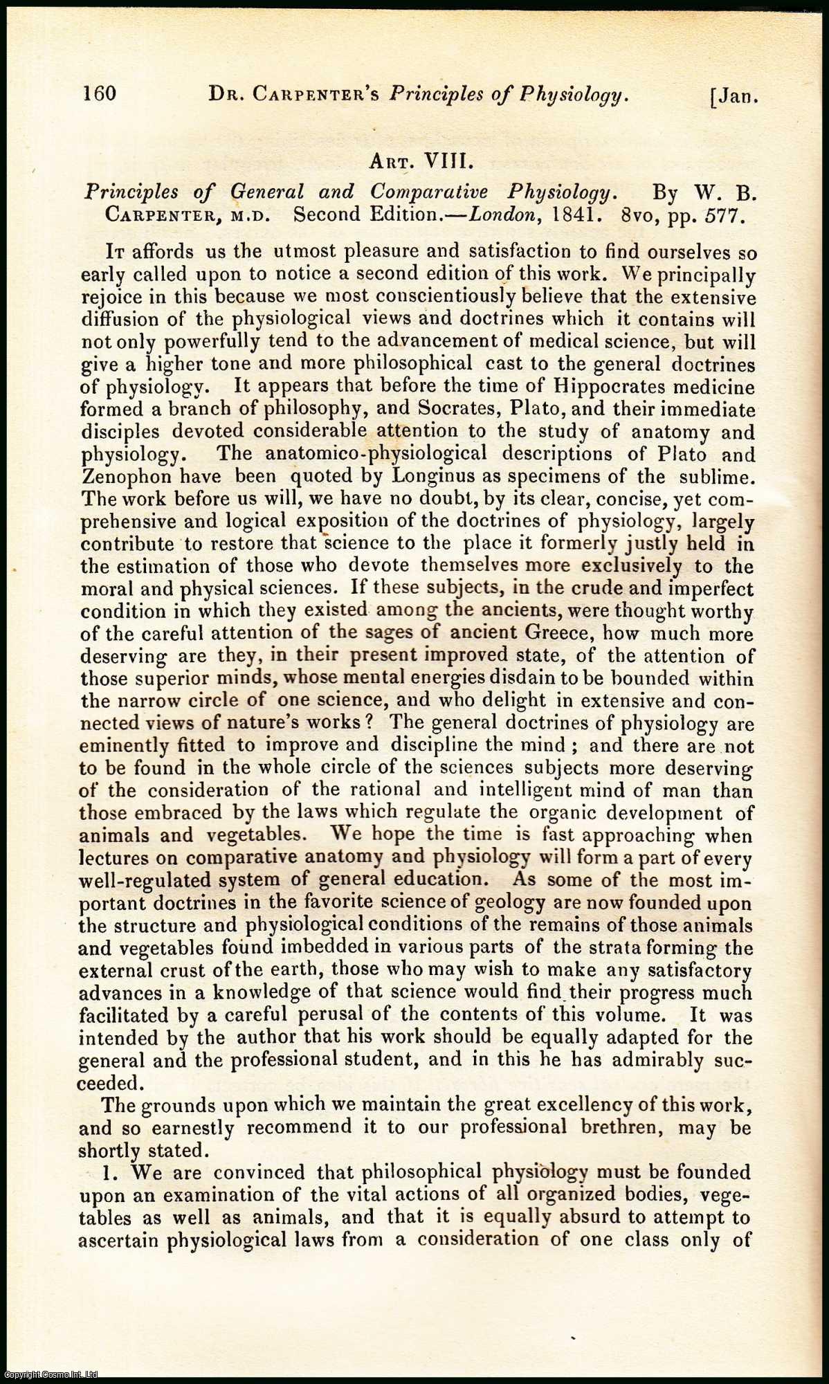 W.B. Carpenter, M.D. - Principles of General & Comparative Physiology. An uncommon original article from the British and Foreign Medical Review, 1842.