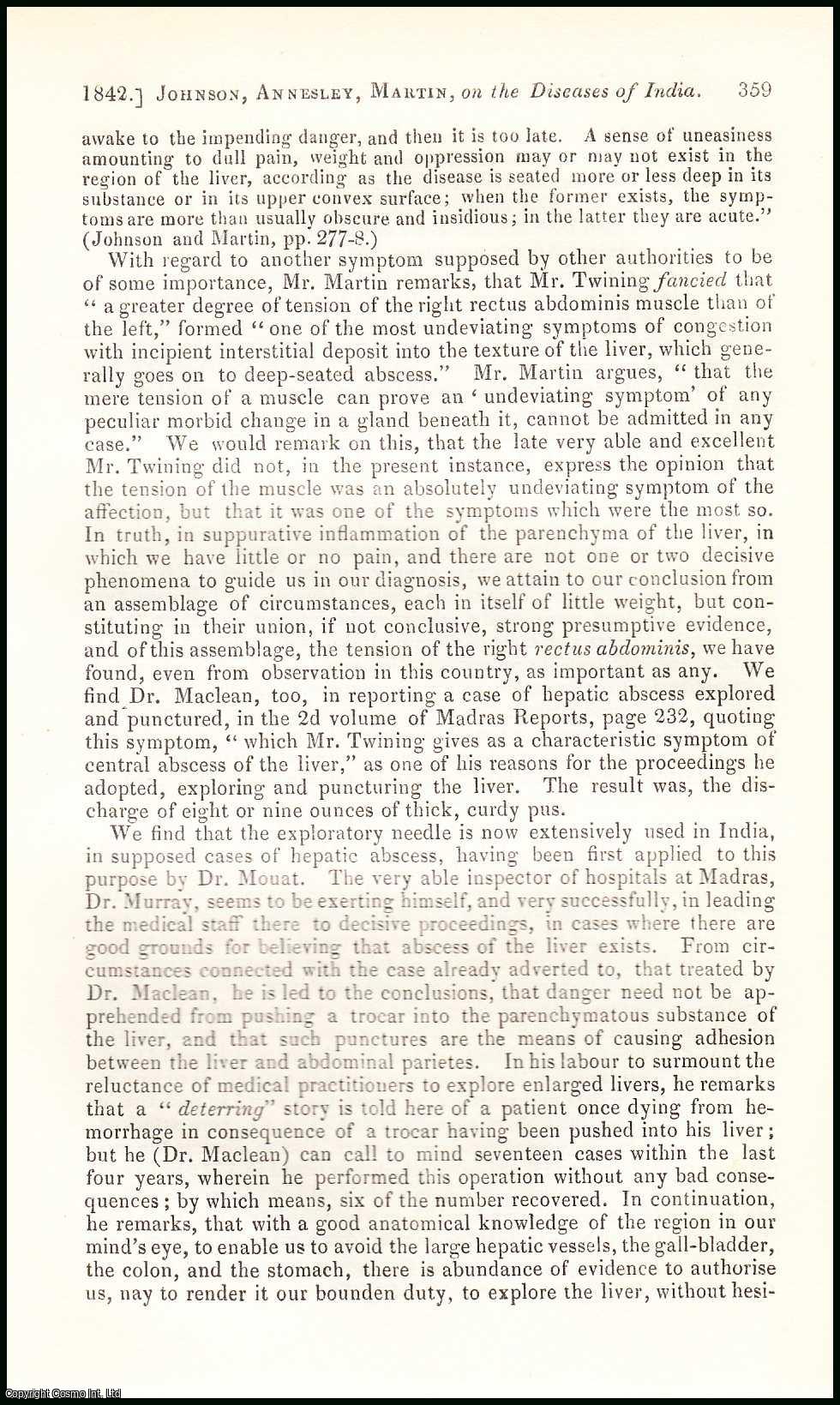 James Ranald Martin, Esq., late Presidency Surgeon, & Surgeon to the Native Hospital, Calcutta & others. - The Tropical Diseases of India. An uncommon original article from the British and Foreign Medical Review, 1842.
