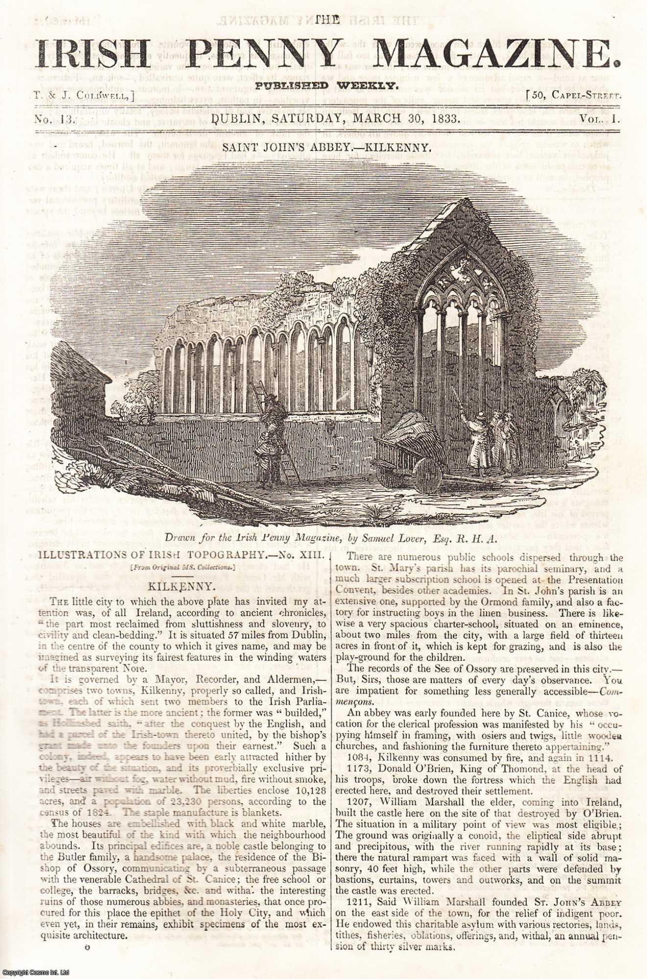 Irish Penny Magazine - 1833, Saint John's Abbey, Kilkenny. Featured in a full weekly issue of the uncommon Irish Penny Magazine, 1833.