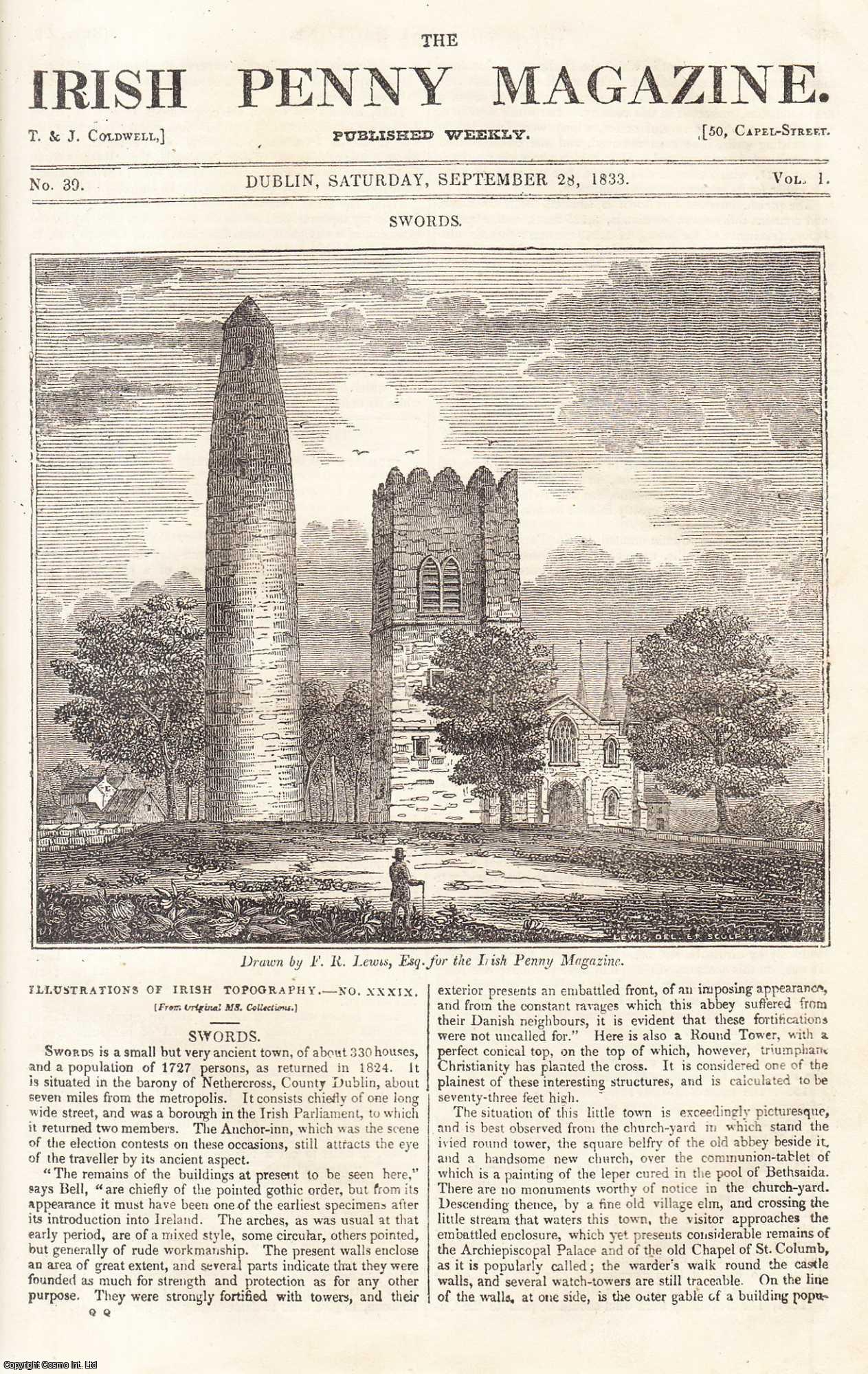 Irish Penny Magazine - 1833, The small Ancient town of Swords. Featured in a full weekly issue of the uncommon Irish Penny Magazine, 1833.