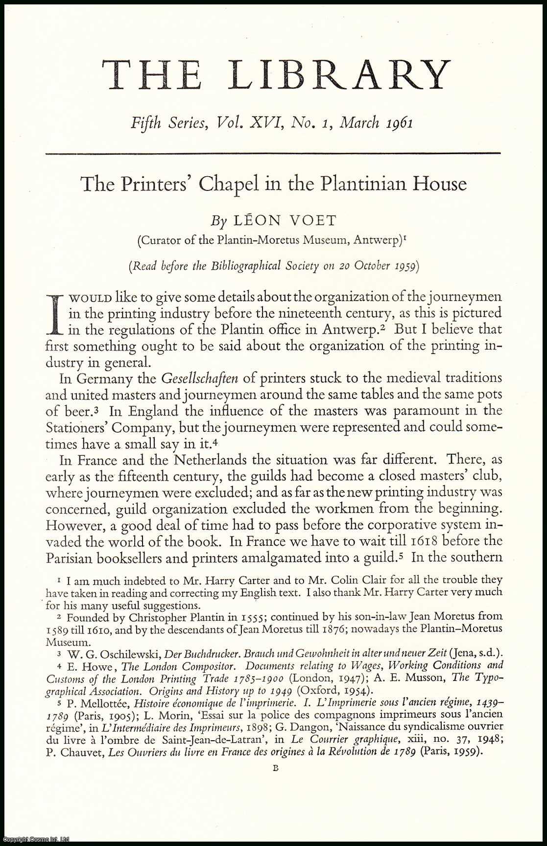 Leon Voet, Curator of the Plantin-Moretus Museum, Antwerp. - The Printers Chapel in the Plantinian House, Antwerp. An uncommon original article from the Library, 1961.