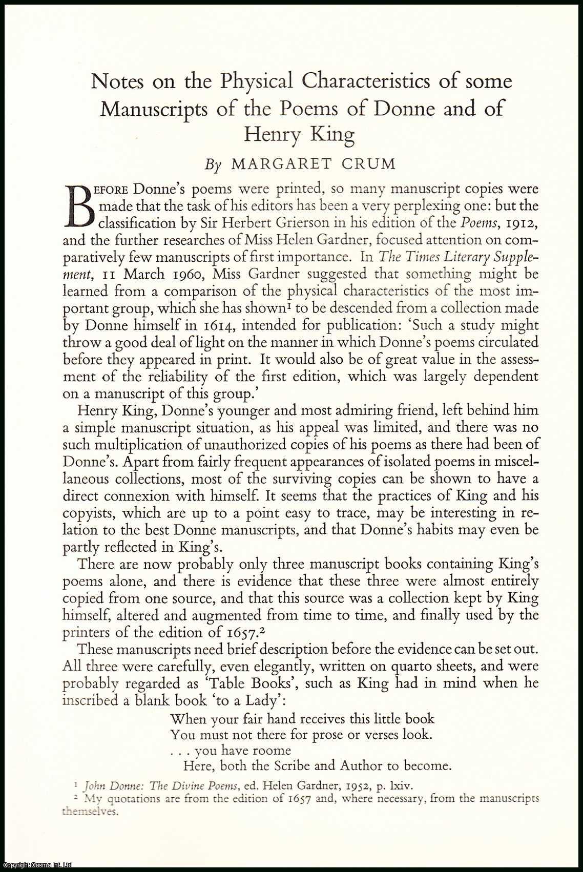 Margaret Crum - The Physical Characteristics of some Manuscripts of the Poems of Donne & of Henry King. An uncommon original article from the Library, 1961.