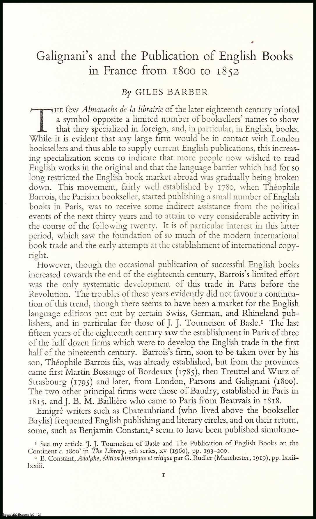Giles Barber - Galignani's & the Publication of English Books in France from 1800 to 1852. An uncommon original article from the Library, 1961.