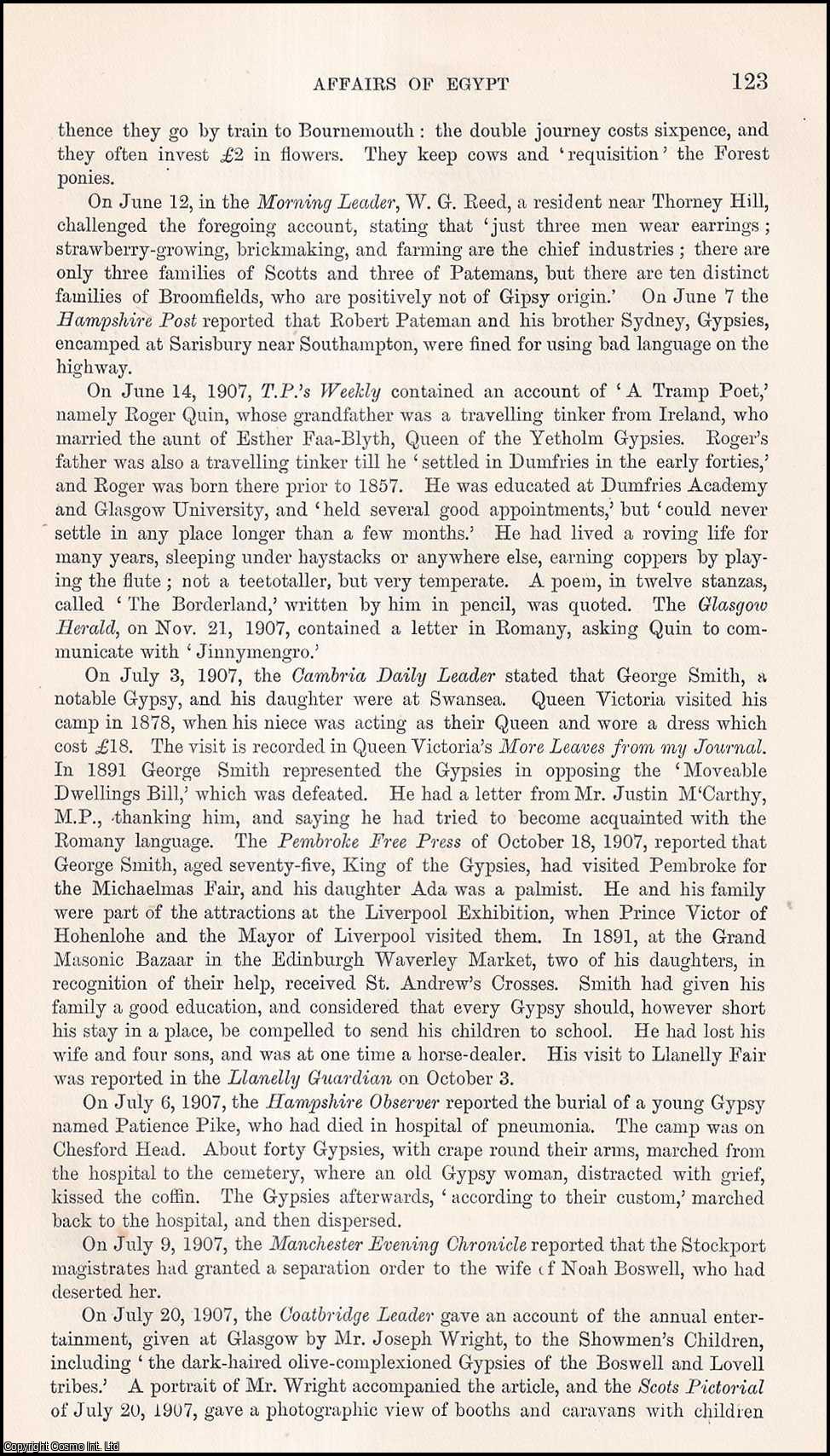 Henry Thomas Crofton - Affairs of Egypt, 1907 : many events relating to Gypsies. An uncommon original article from the Journal of the Gypsy Lore Society, 1908.