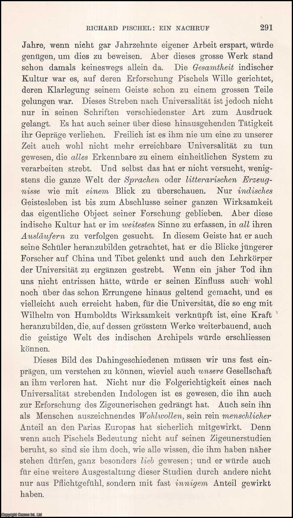 Von Franz Nikolaus Finck - Richard Pischel, Deutscher Indologe : Ein Nachruf. An uncommon original article from the Journal of the Gypsy Lore Society, 1909.