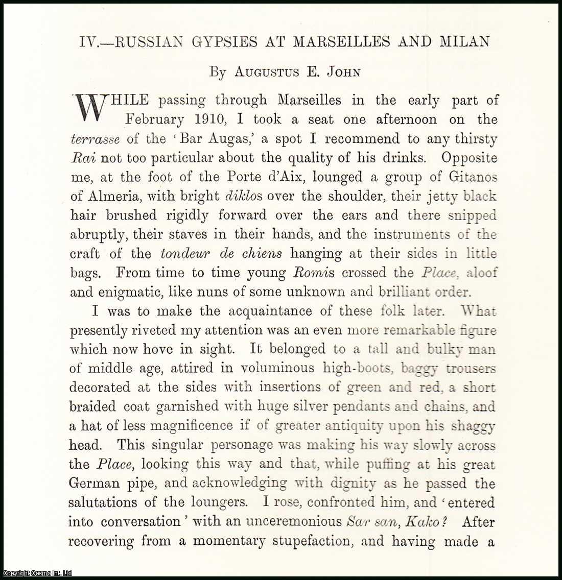 Augustus E. John - Russian Gypsies at Marseilles & Milan. An uncommon original article from the Journal of the Gypsy Lore Society, 1911.