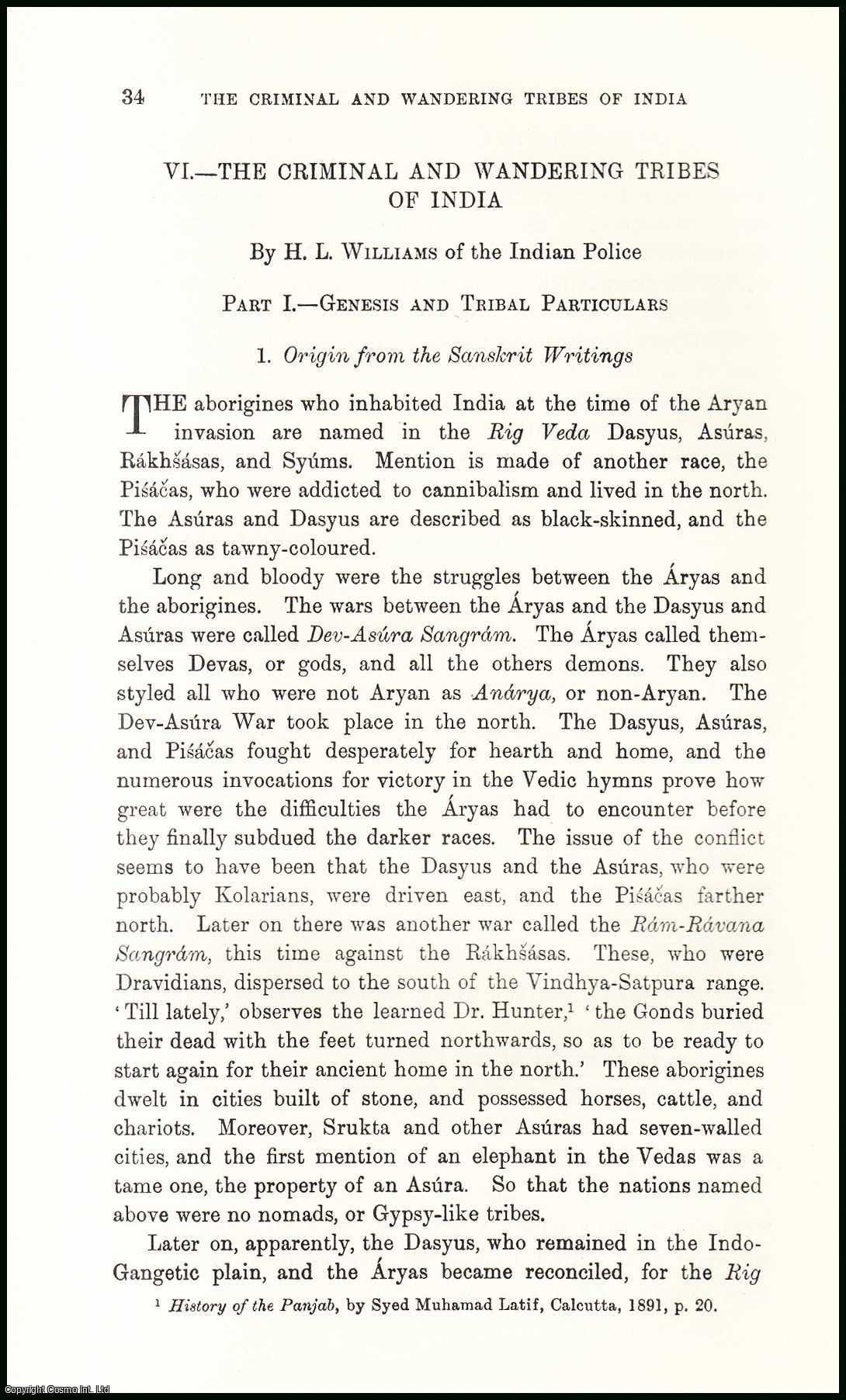 H.L. Williams of the Indian Police. - Genesis & Tribal Particulars. Origin from the Sanskrit Writings : The Criminal & Wandering Tribes of India. An uncommon original article from the Journal of the Gypsy Lore Society, 1912.