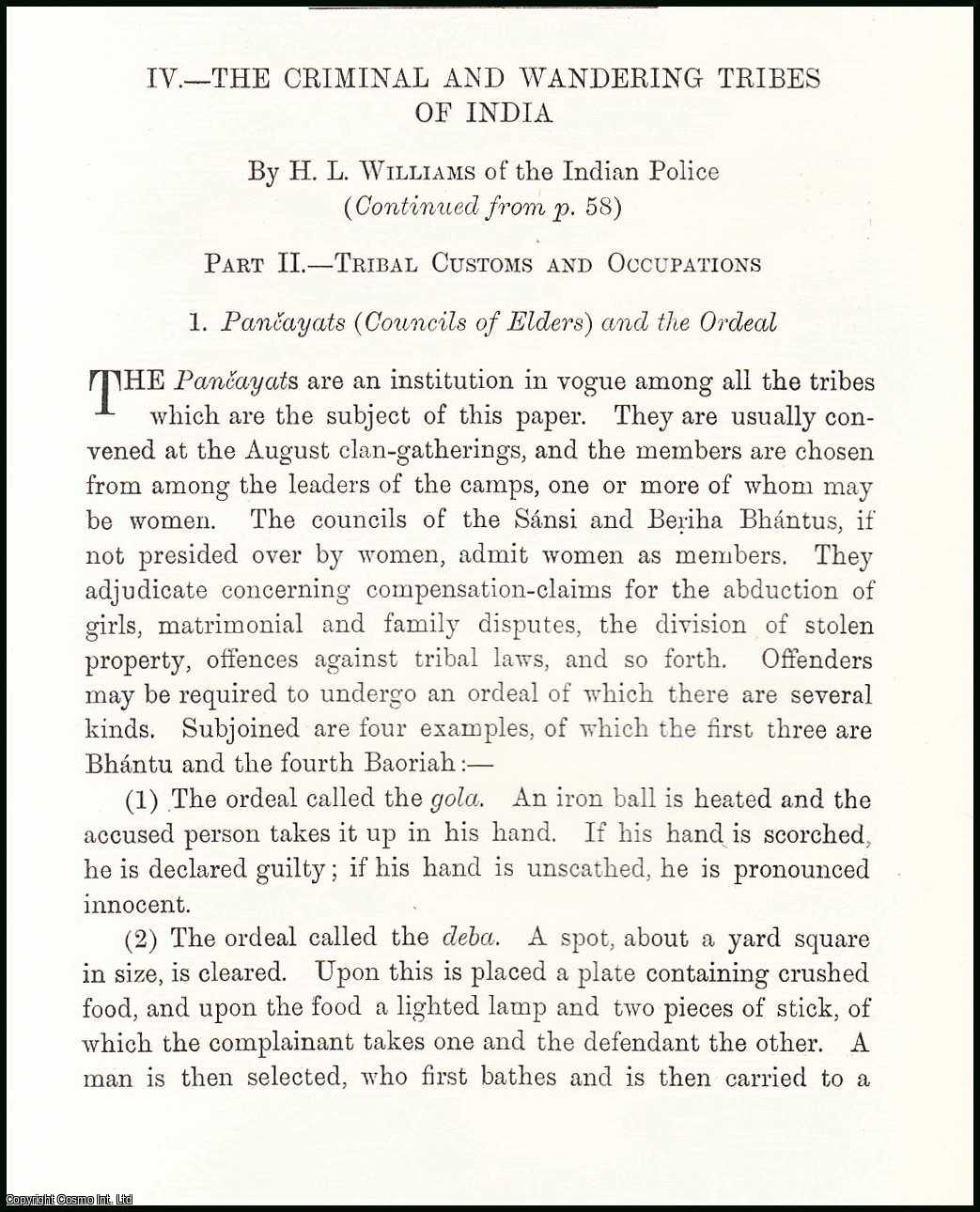 H.L. Williams of the Indian Police. - Tribal Customs & Occupations. Pancayats (Council of Elders) & the Ordeal : The Criminal & Wandering Tribes of India. An uncommon original article from the Journal of the Gypsy Lore Society, 1912.