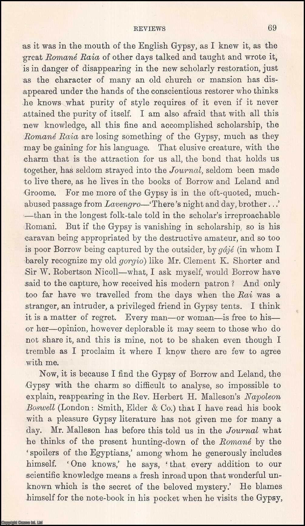 Elizabeth Robins Pennell - Napoleon Boswell : Tales of the Tents, by Herbert H. Malleson. An uncommon original article from the Journal of the Gypsy Lore Society, 1913.