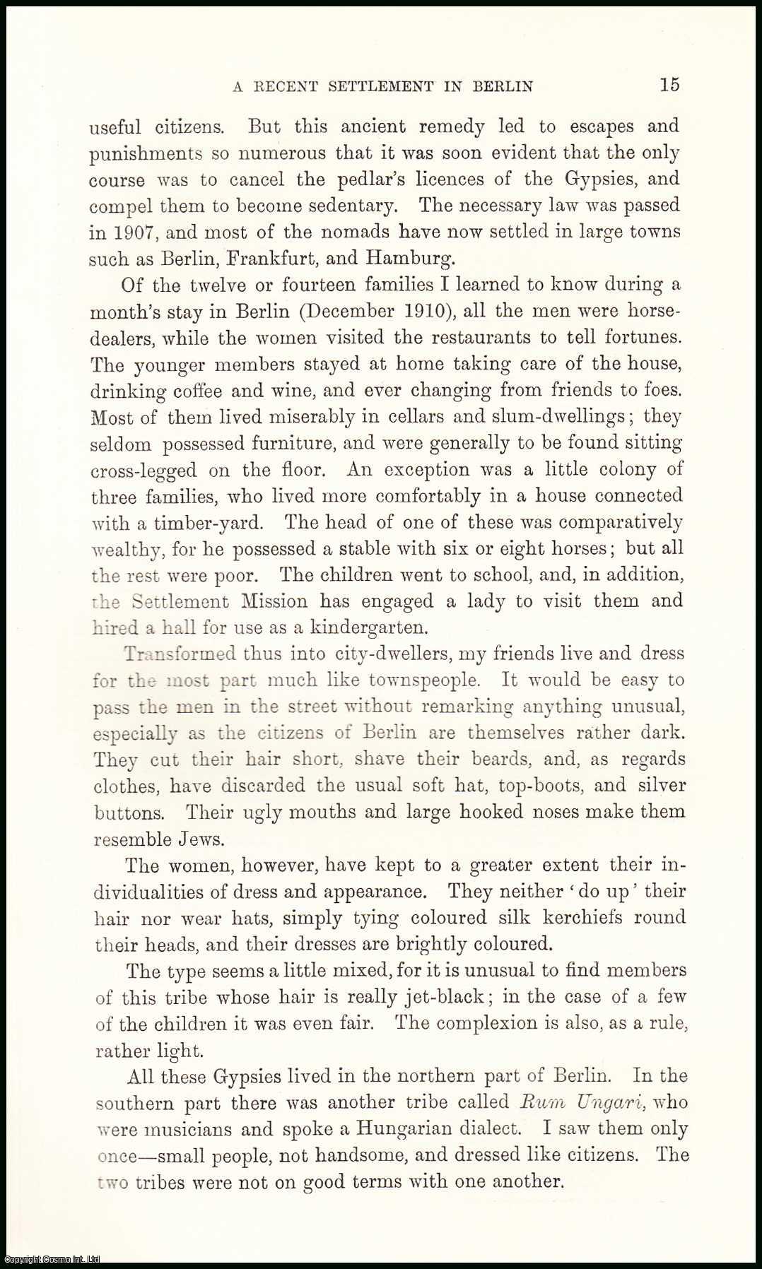 Johan Miskow - A Recent Settlement in Berlin : escapes & punishments so numerous that it was soon evident that the only course was to cancel the Pedlar's Licences of the Gypsies, & compel them to become sedentary. An uncommon original article from the Journal of the Gypsy Lore Society, 1911.