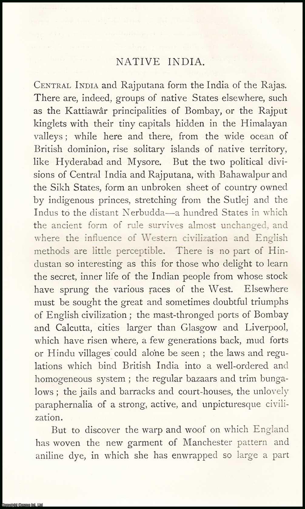 Lepel Griffin - Native India : Central India & Rajputana form the India of the Rajas. An uncommon original article from The Asiatic Quarterly Review, 1886.
