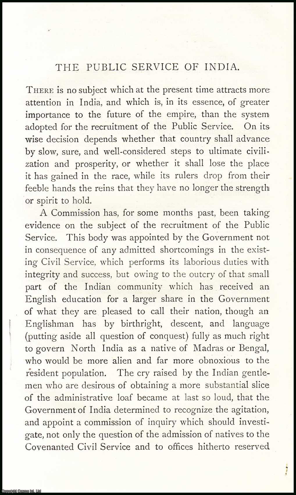 Lepel Griffin - The Public Service of India. An uncommon original article from The Asiatic Quarterly Review, 1887.