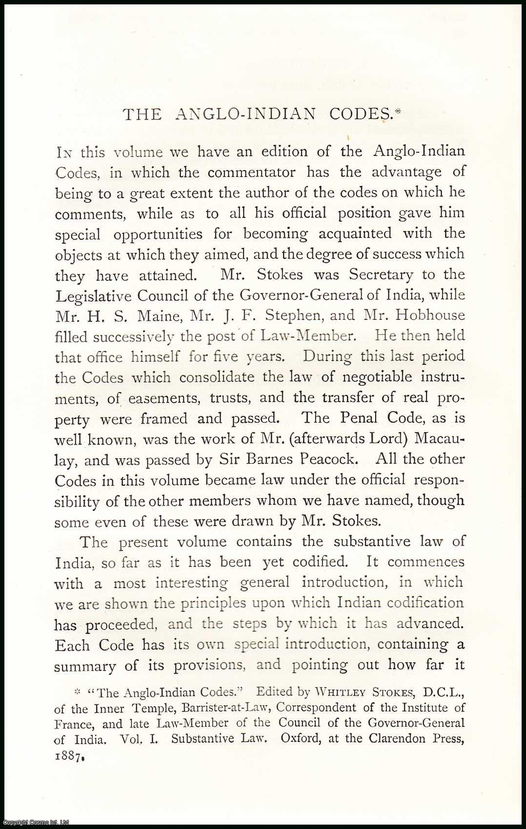 John D. Mayne - The Anglo-Indian Codes : consolidate the law of negotiable instruments, of easements, trusts, & the transfer of real property. An uncommon original article from The Asiatic Quarterly Review, 1887.