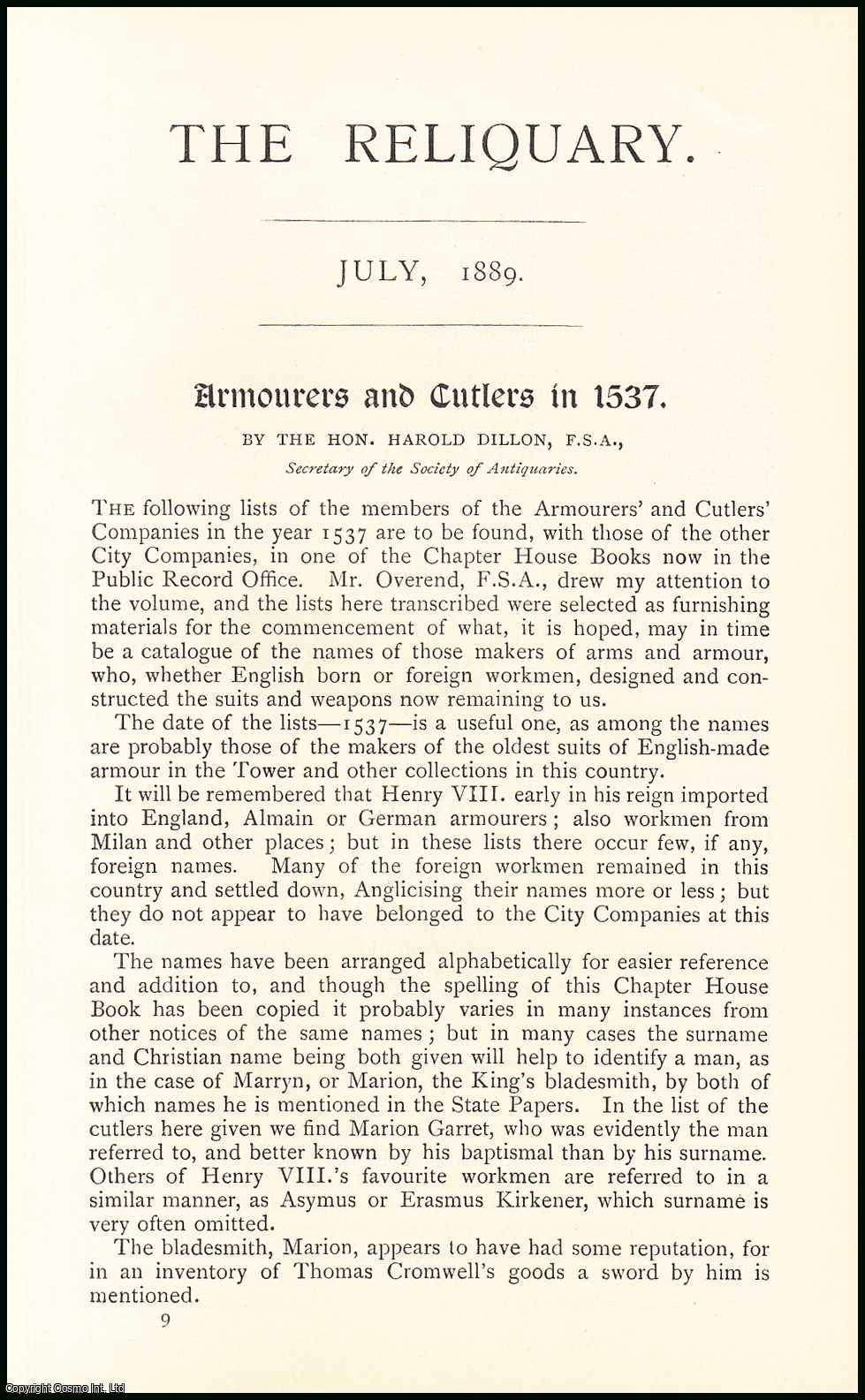 Hon. Harold Dillon, F.S.A. - Armourers & Cutlers in 1537. An original article from the Reliquary, Quarterly Journal & Review, 1889.